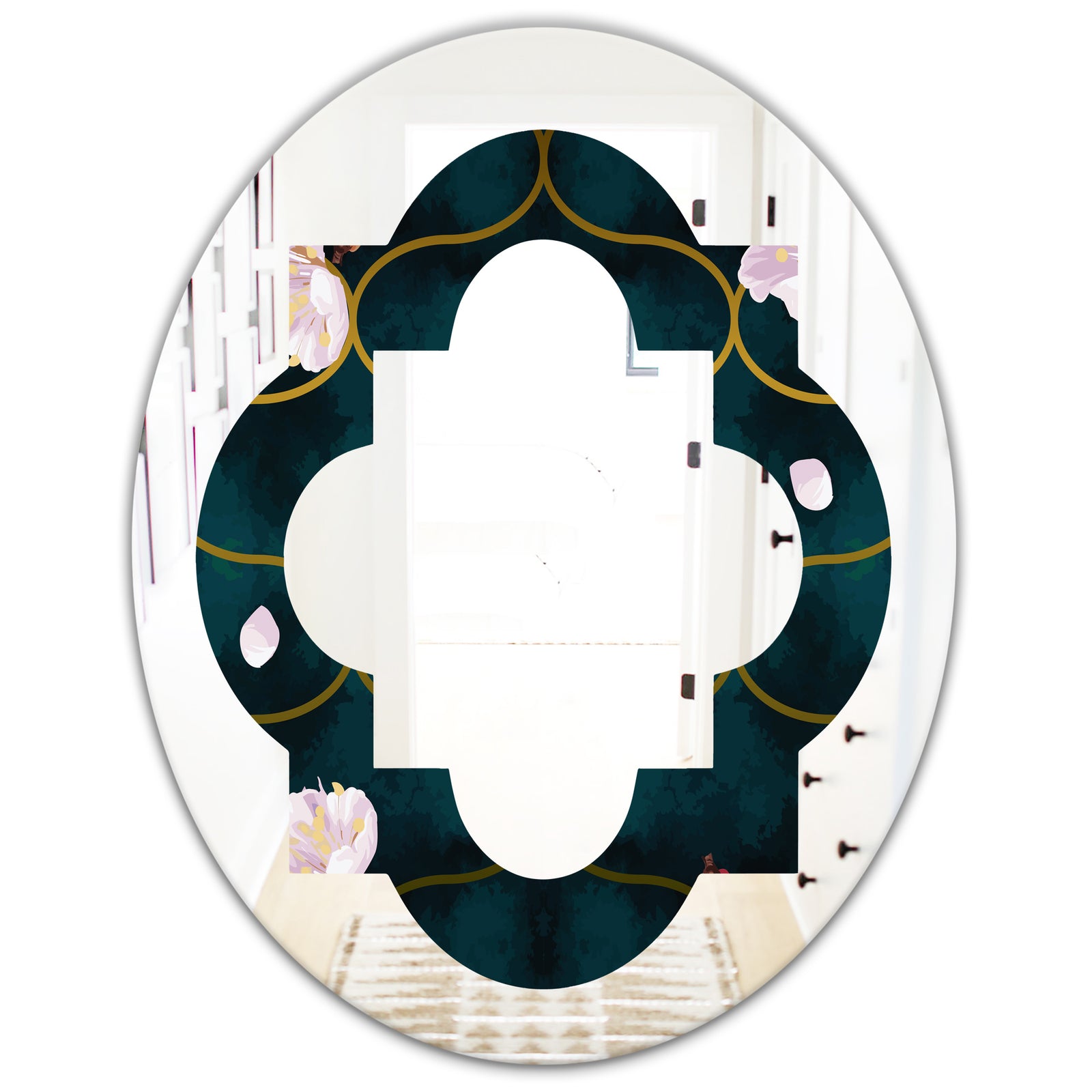 Retro Pink Flower Pattern II - Cottage Round or Oval Wall Mirror - Quatrefoil