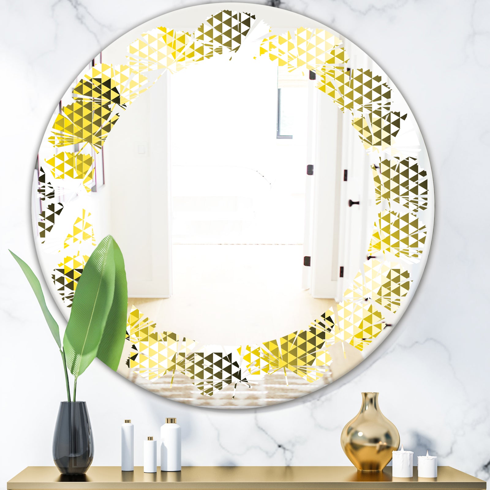 Retro Hexagon Pattern XI - Modern Round or Oval Wall Mirror - Leaves