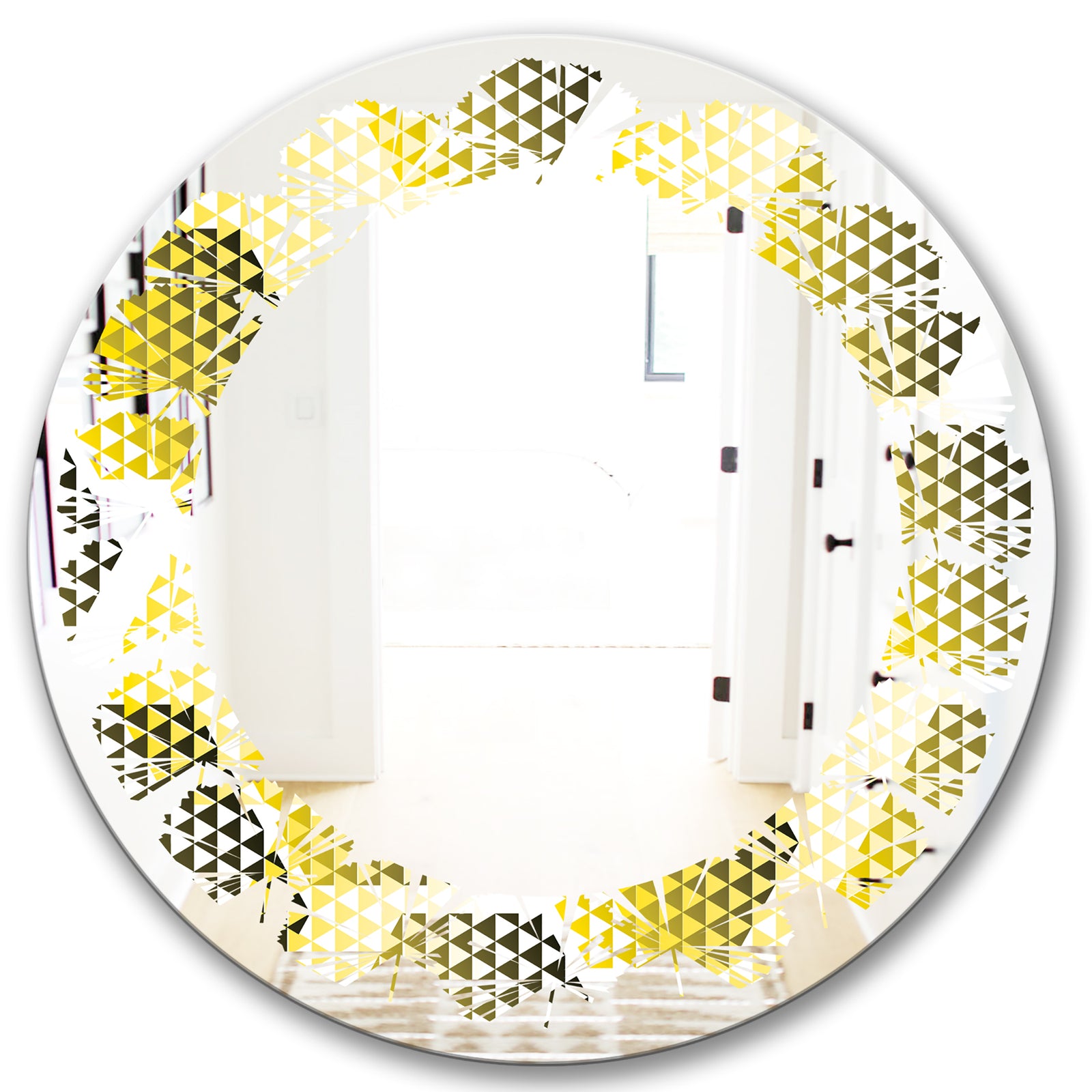 Retro Hexagon Pattern XI - Modern Round or Oval Wall Mirror - Leaves