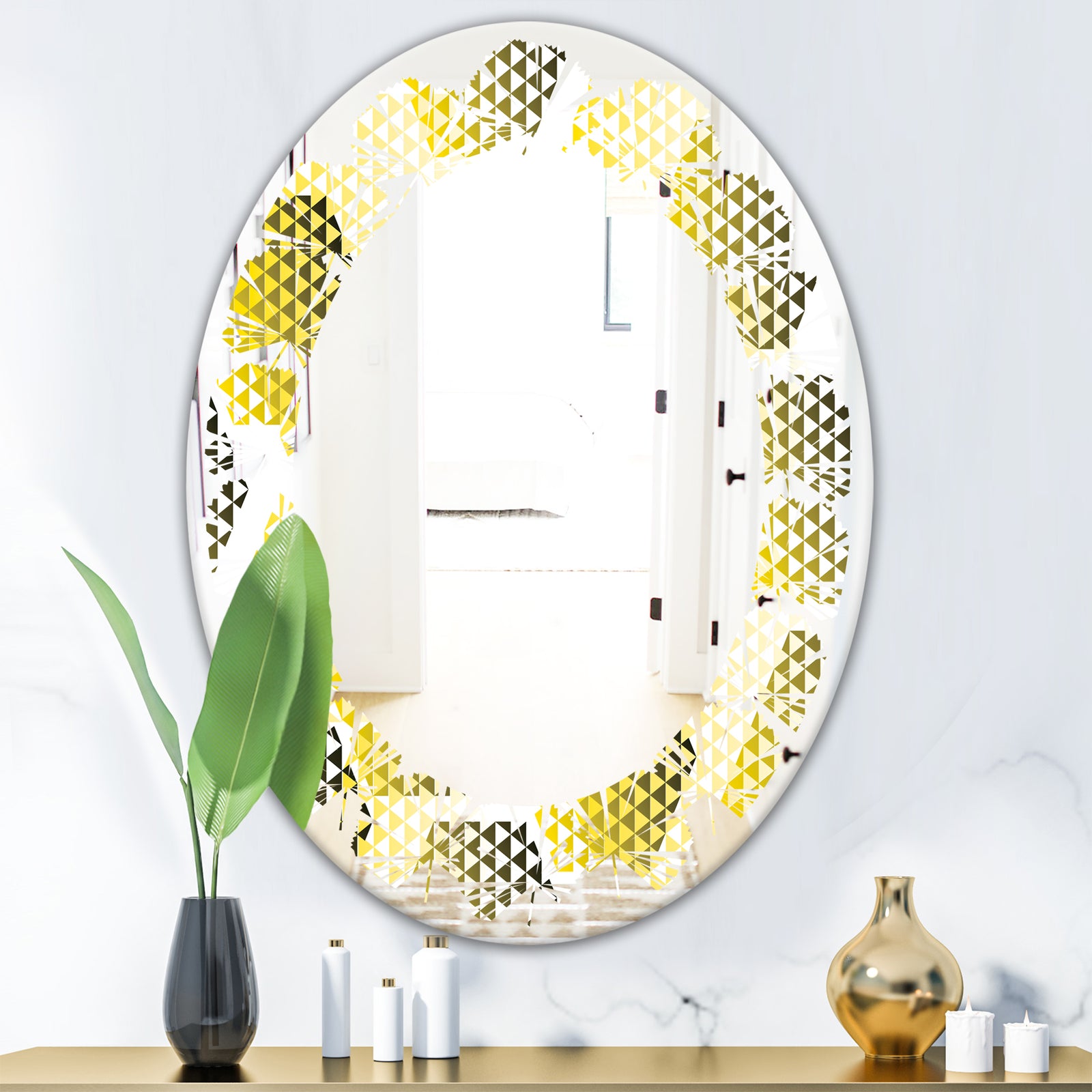 Retro Hexagon Pattern XI - Modern Round or Oval Wall Mirror - Leaves