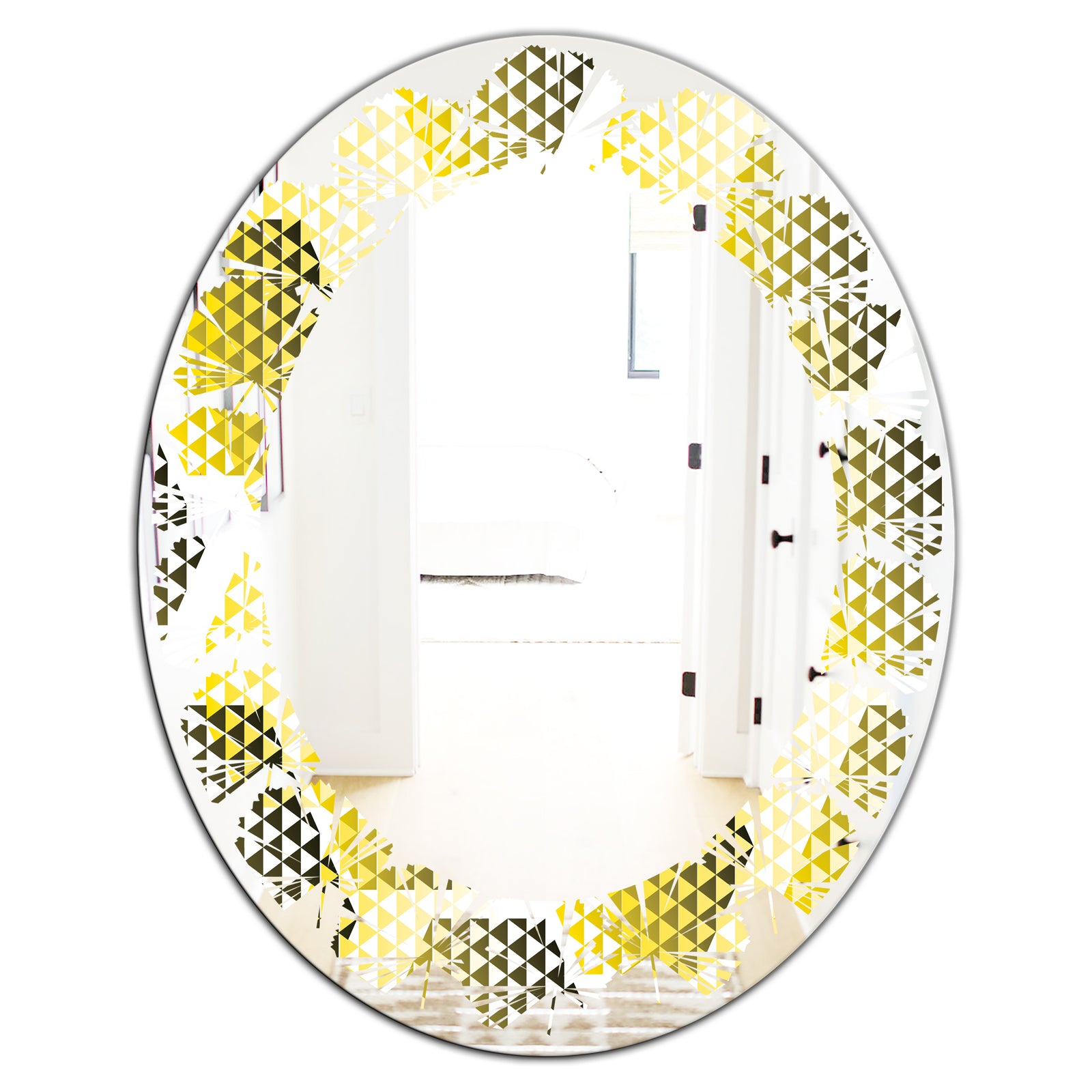 Retro Hexagon Pattern XI - Modern Round or Oval Wall Mirror - Leaves