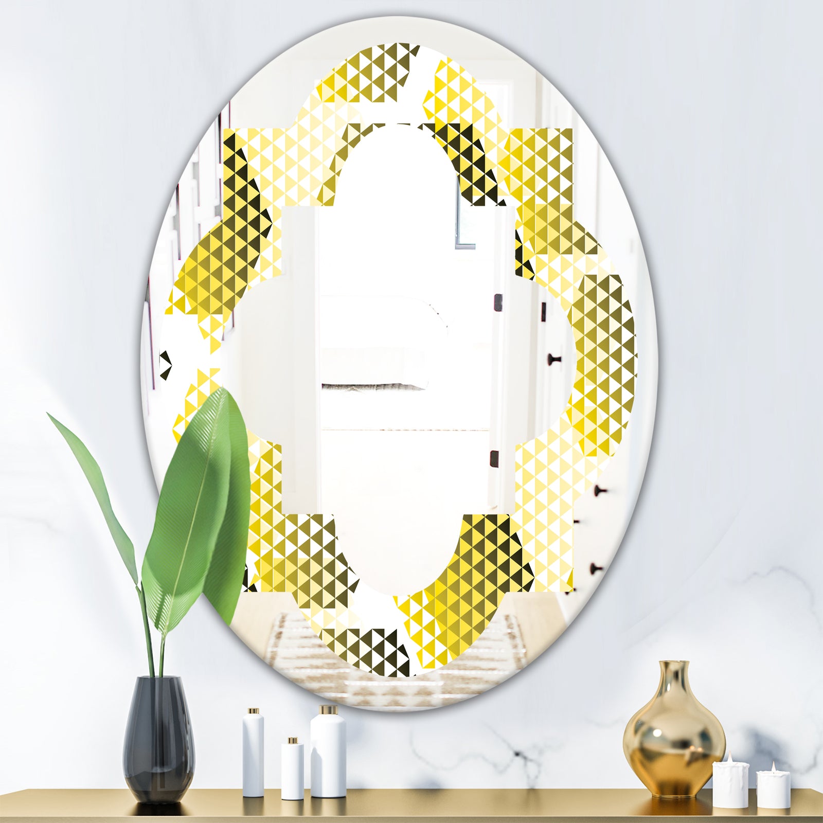 Retro Hexagon Pattern XI - Modern Round or Oval Wall Mirror - Quatrefoil