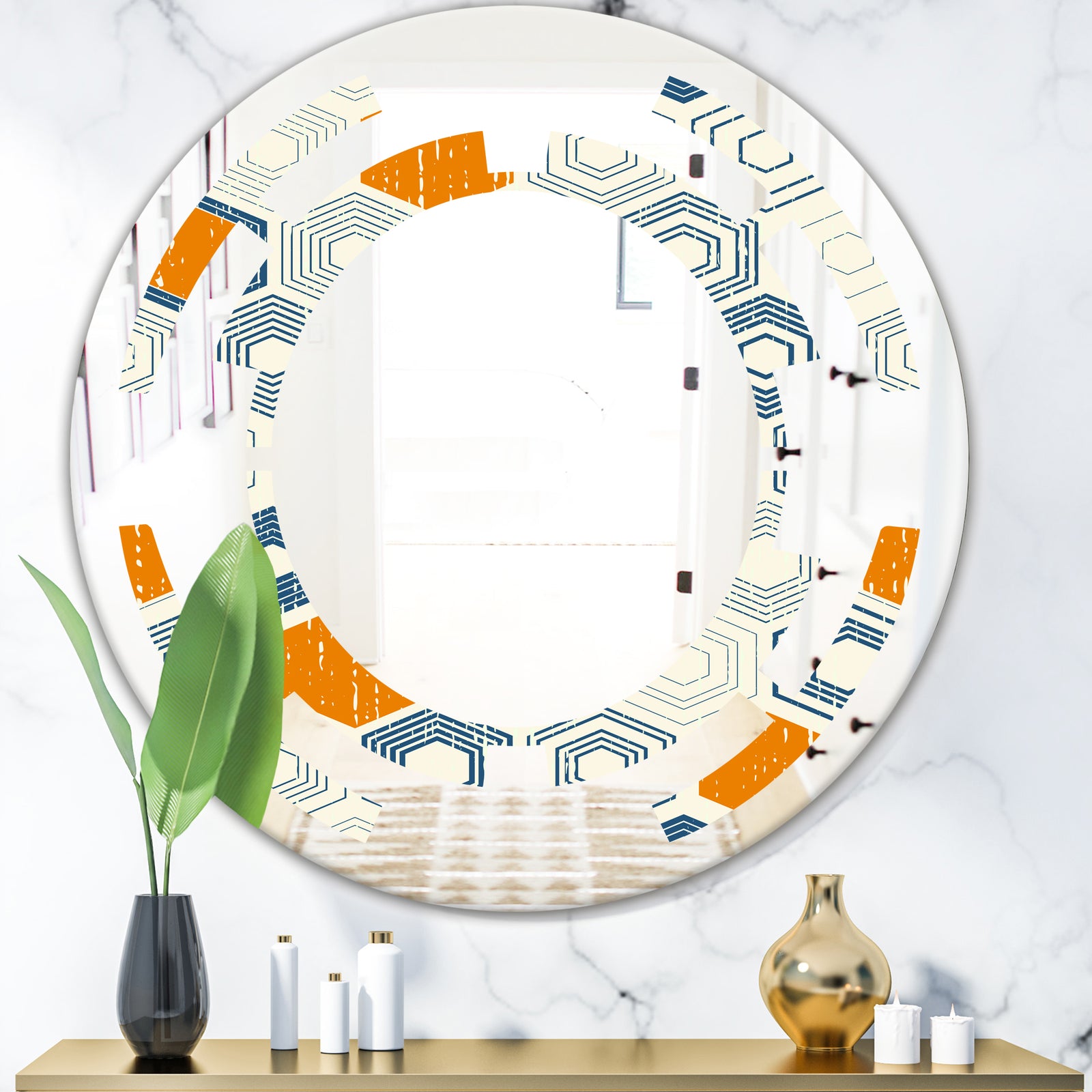 Retro Hexagon Pattern IX - Modern Round or Oval Wall Mirror - Space