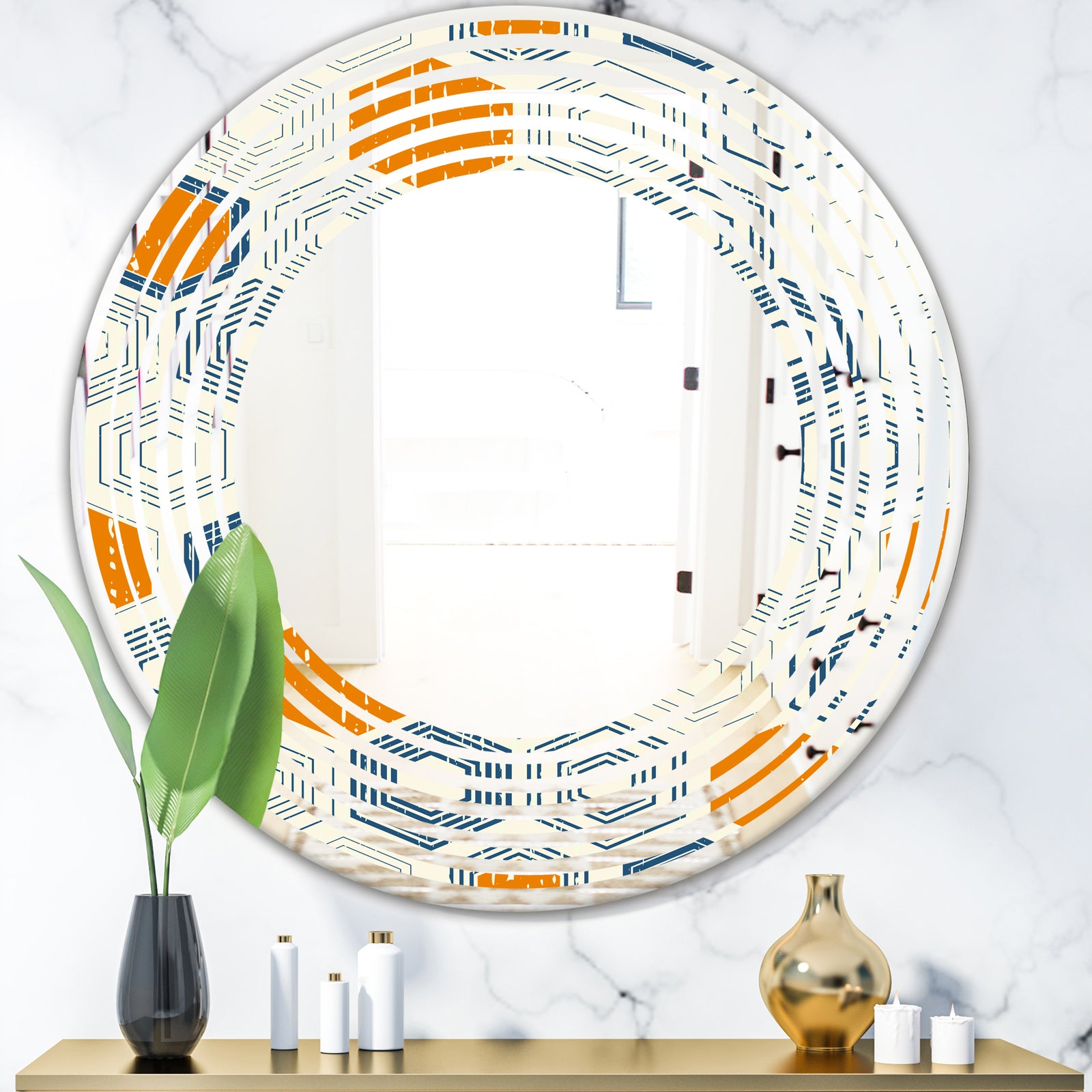 Retro Hexagon Pattern IX - Modern Round or Oval Wall Mirror - Wave