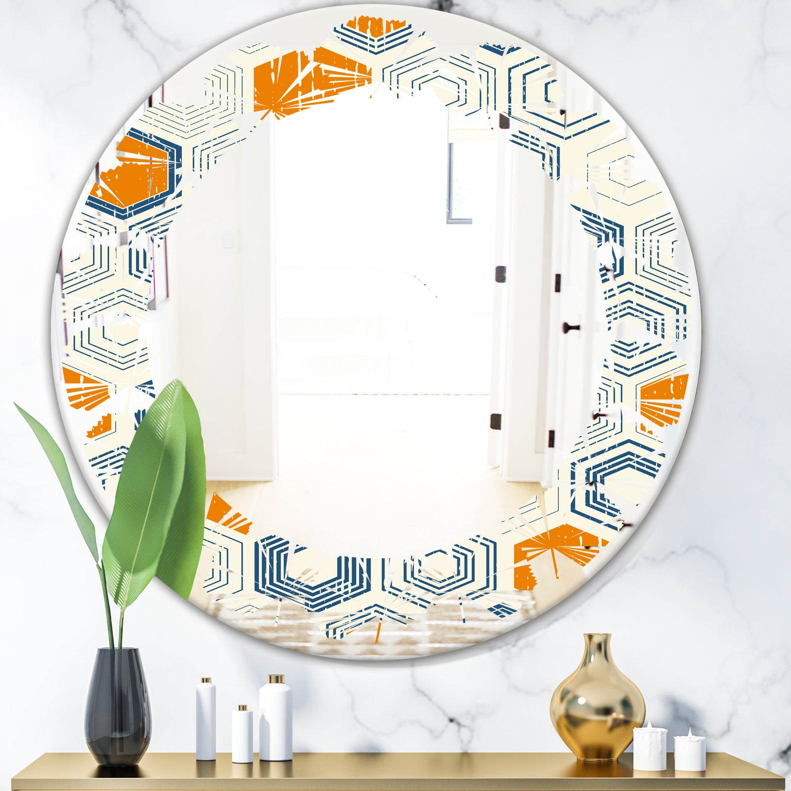 Retro Hexagon Pattern IX - Modern Round or Oval Wall Mirror - Leaves