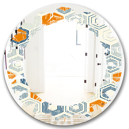 Retro Hexagon Pattern IX - Modern Round or Oval Wall Mirror - Leaves
