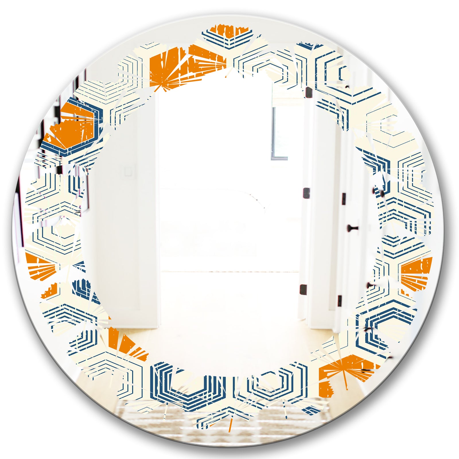Retro Hexagon Pattern IX - Modern Round or Oval Wall Mirror - Leaves