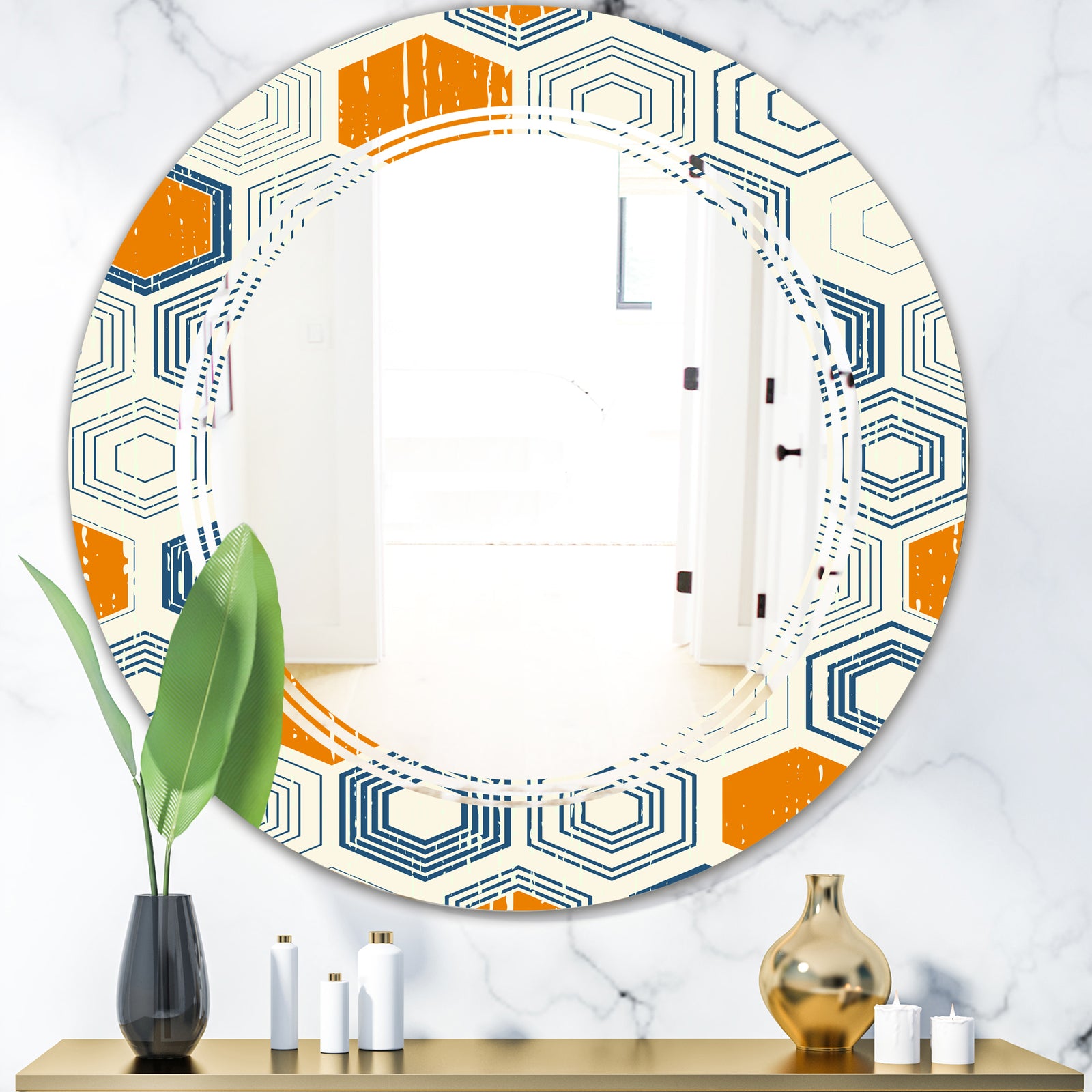Retro Hexagon Pattern IX - Modern Round or Oval Wall Mirror - Triple C