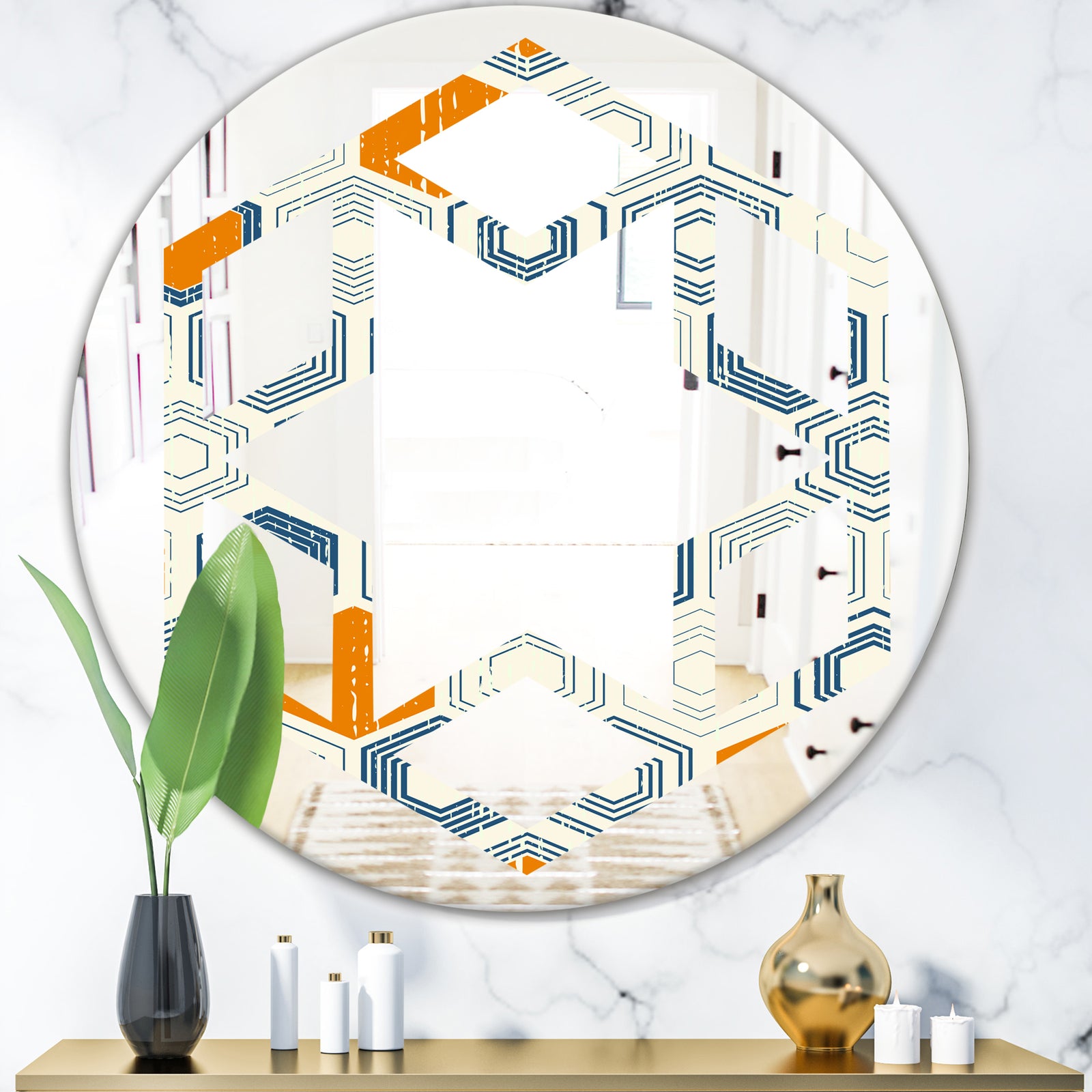 Retro Hexagon Pattern IX - Modern Round or Oval Wall Mirror - Hexagon Star