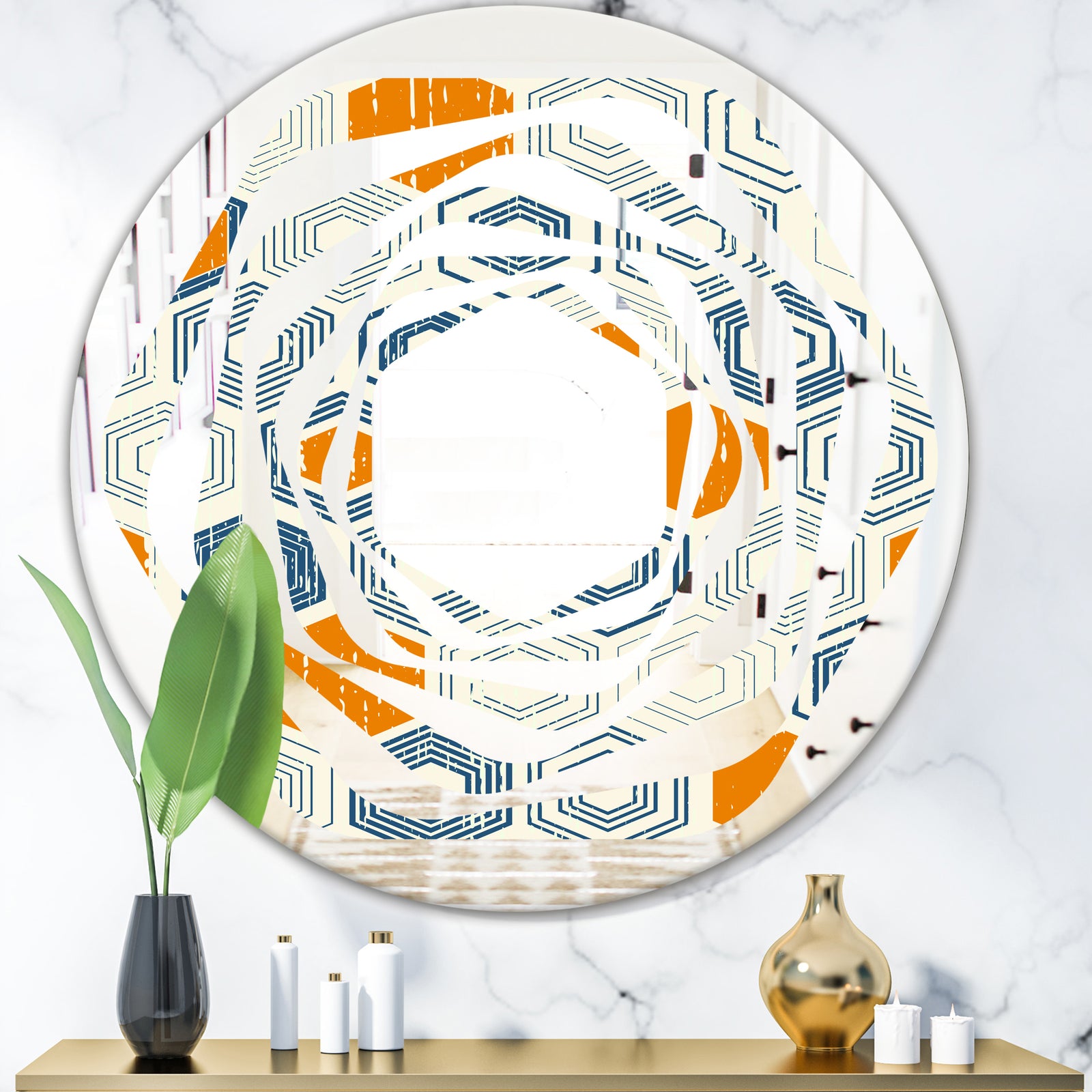 Retro Hexagon Pattern IX - Modern Round or Oval Wall Mirror - Whirl