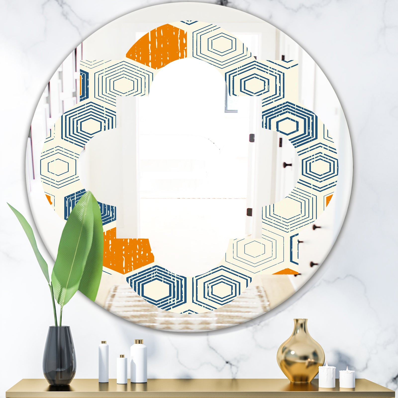 Retro Hexagon Pattern IX - Modern Round or Oval Wall Mirror - Quatrefoil