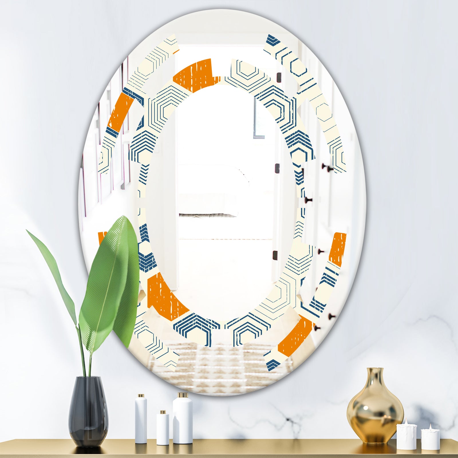 Retro Hexagon Pattern IX - Modern Round or Oval Wall Mirror - Space