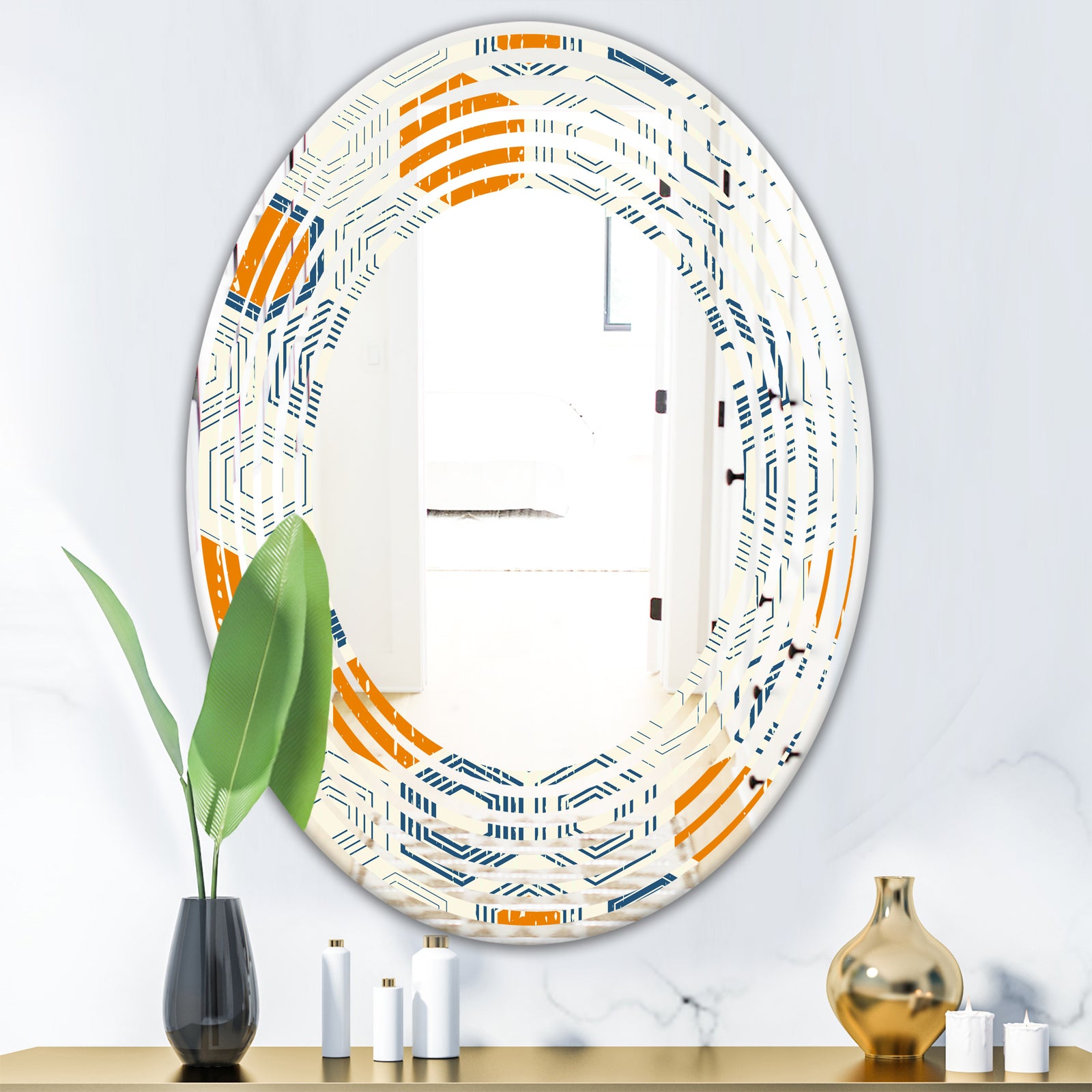 Retro Hexagon Pattern IX - Modern Round or Oval Wall Mirror - Wave