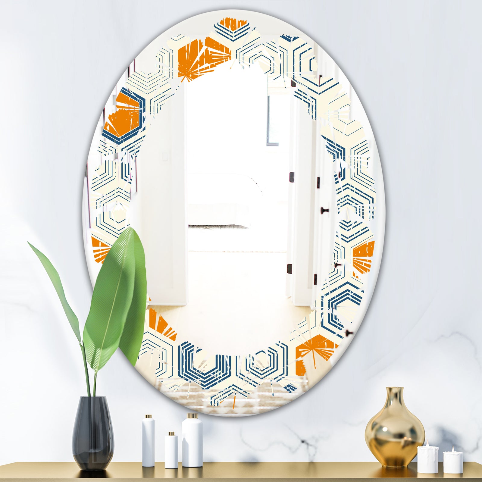 Retro Hexagon Pattern IX - Modern Round or Oval Wall Mirror - Leaves