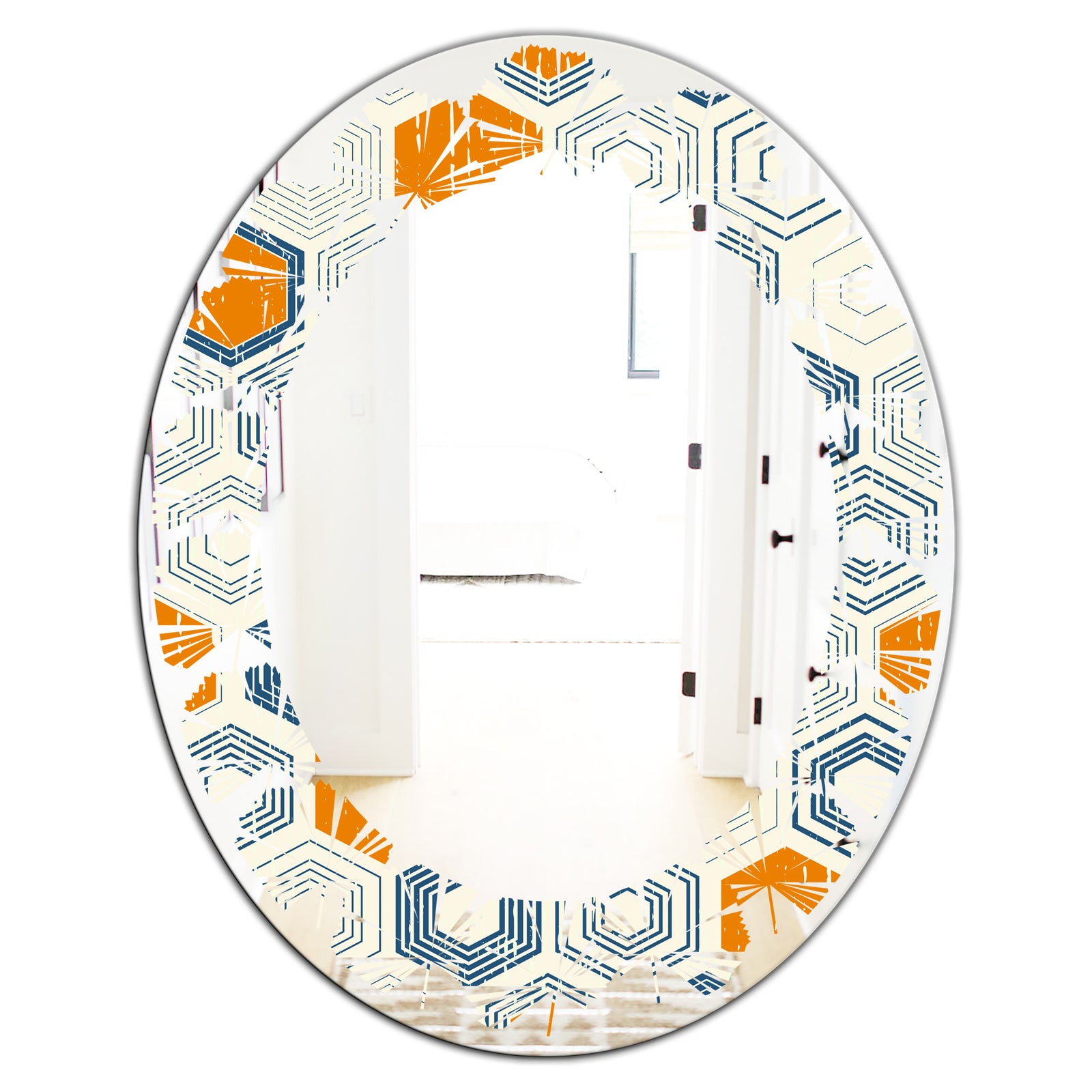 Retro Hexagon Pattern IX - Modern Round or Oval Wall Mirror - Leaves