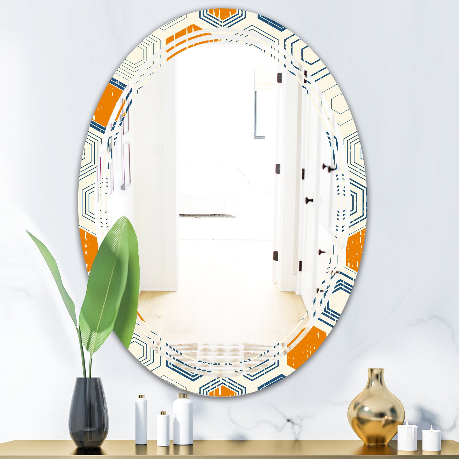 Retro Hexagon Pattern IX - Modern Round or Oval Wall Mirror - Triple C