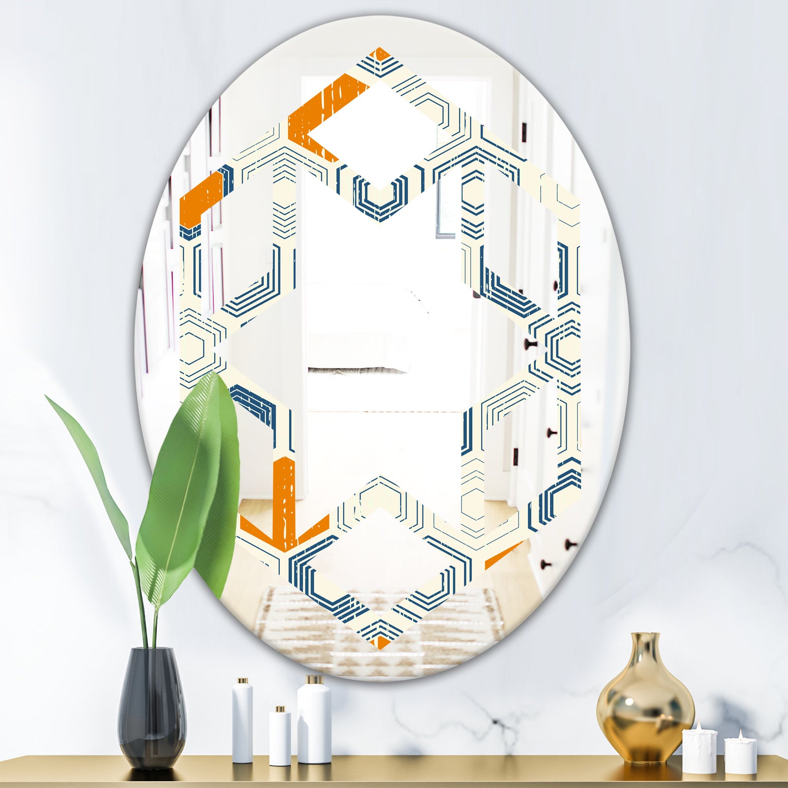 Retro Hexagon Pattern IX - Modern Round or Oval Wall Mirror - Hexagon Star