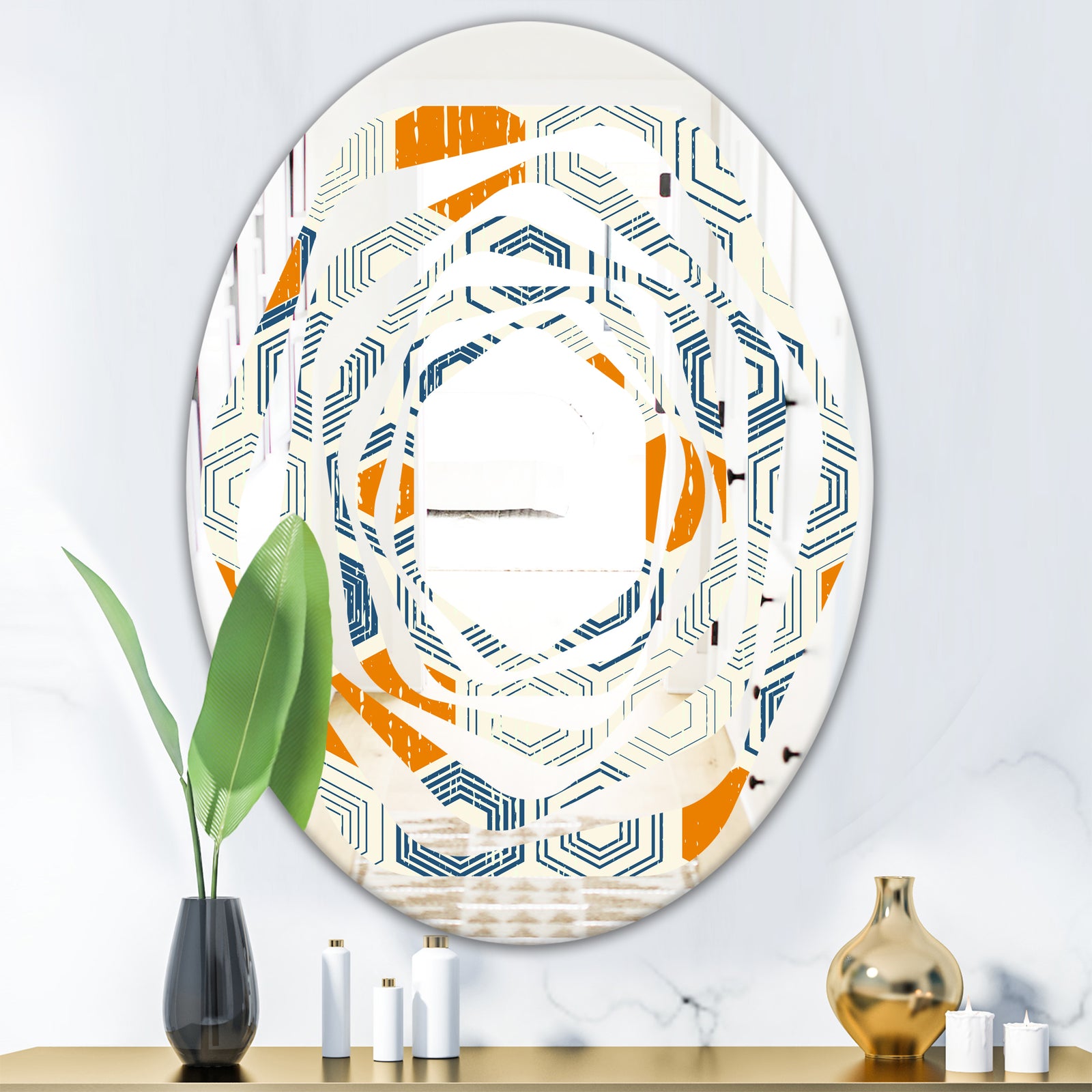 Retro Hexagon Pattern IX - Modern Round or Oval Wall Mirror - Whirl