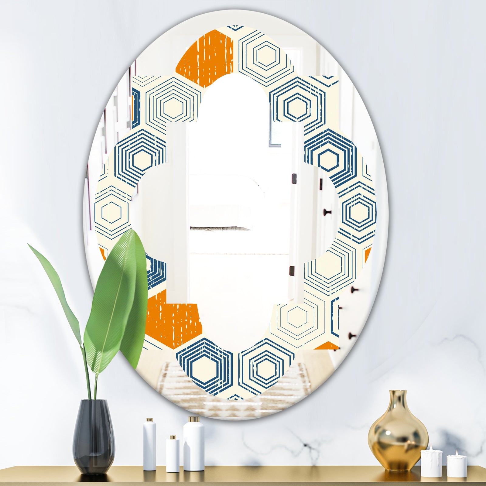 Retro Hexagon Pattern IX - Modern Round or Oval Wall Mirror - Quatrefoil
