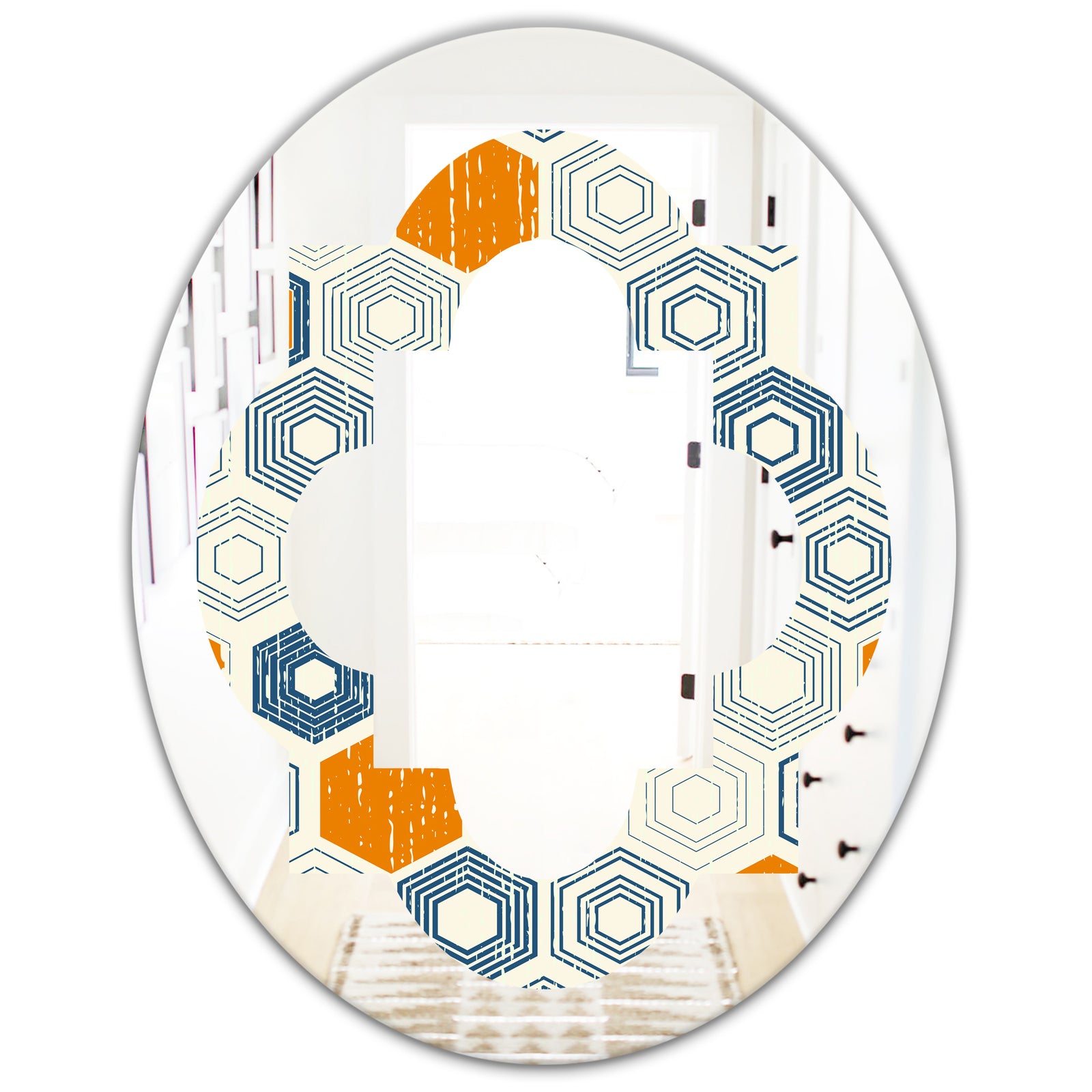 Retro Hexagon Pattern IX - Modern Round or Oval Wall Mirror - Quatrefoil
