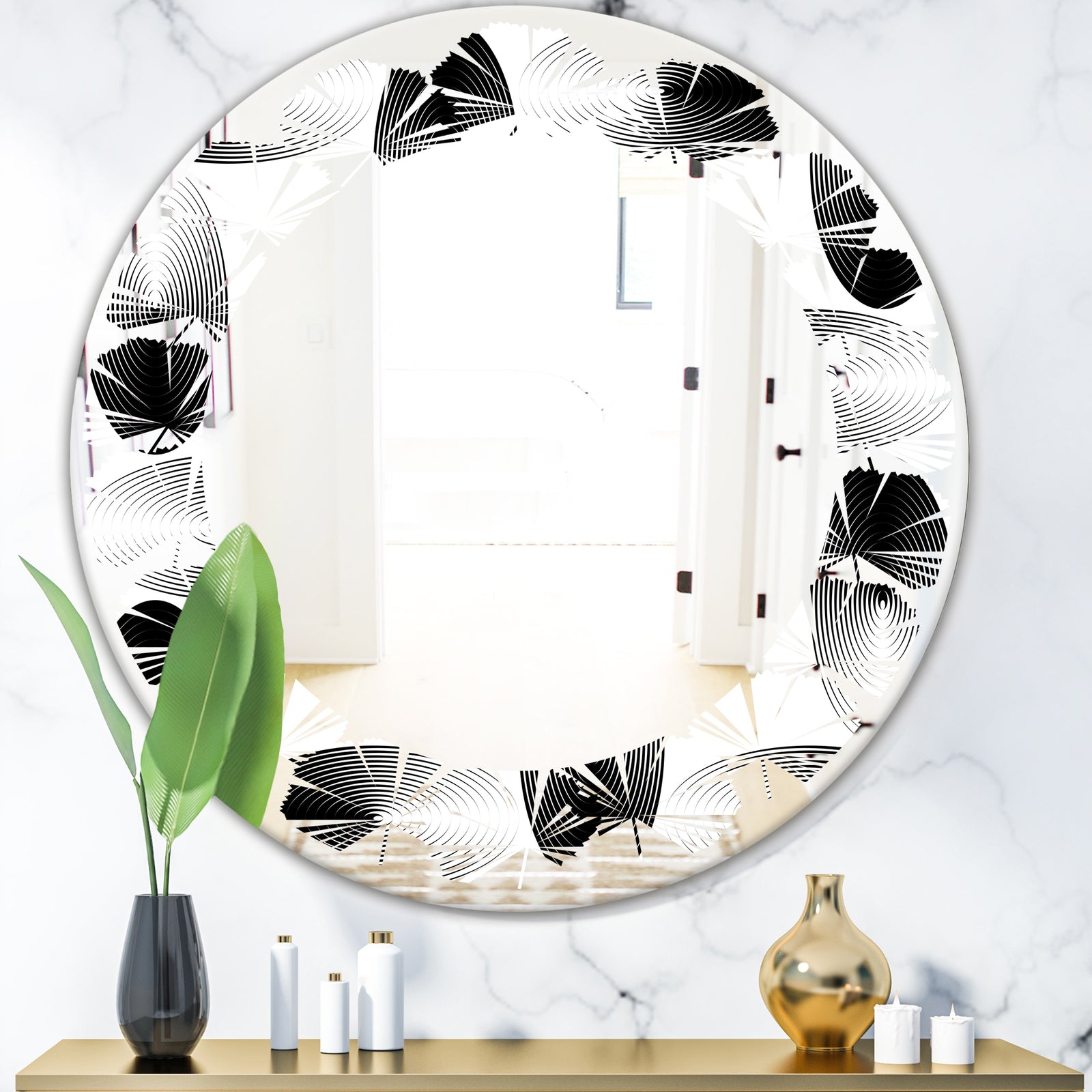 Retro Geometrical Abstract Pattern IV - Modern Round or Oval Wall Mirror - Leaves