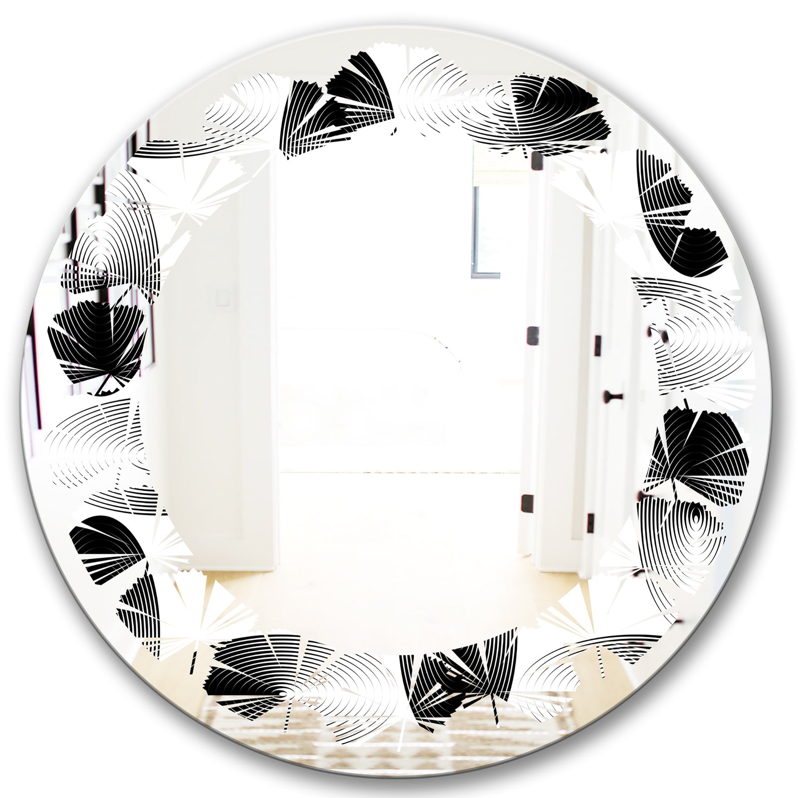 Retro Geometrical Abstract Pattern IV - Modern Round or Oval Wall Mirror - Leaves