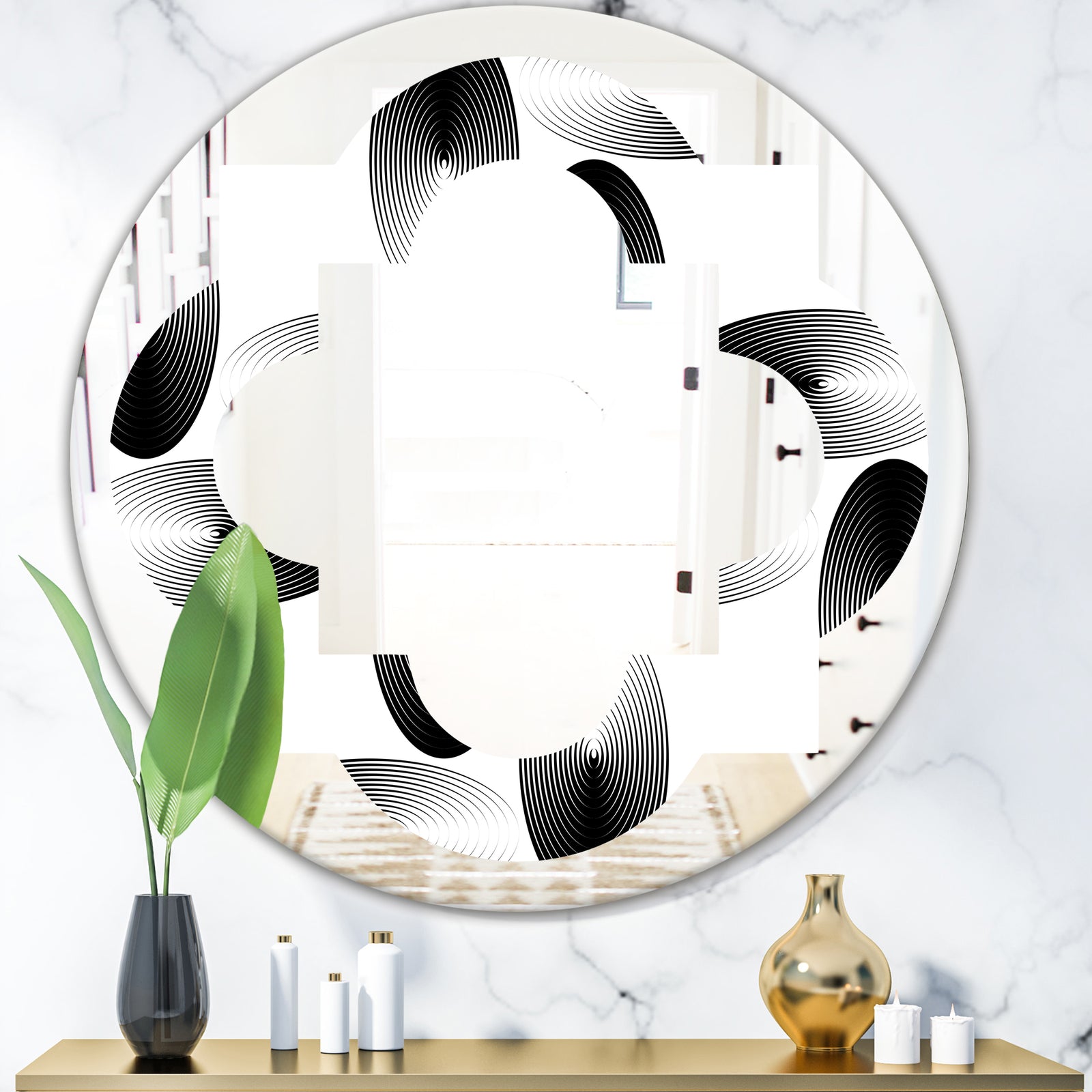 Retro Geometrical Abstract Pattern IV - Modern Round or Oval Wall Mirror - Quatrefoil