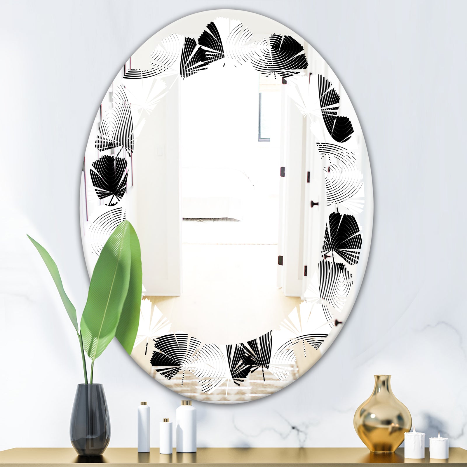 Retro Geometrical Abstract Pattern IV - Modern Round or Oval Wall Mirror - Leaves