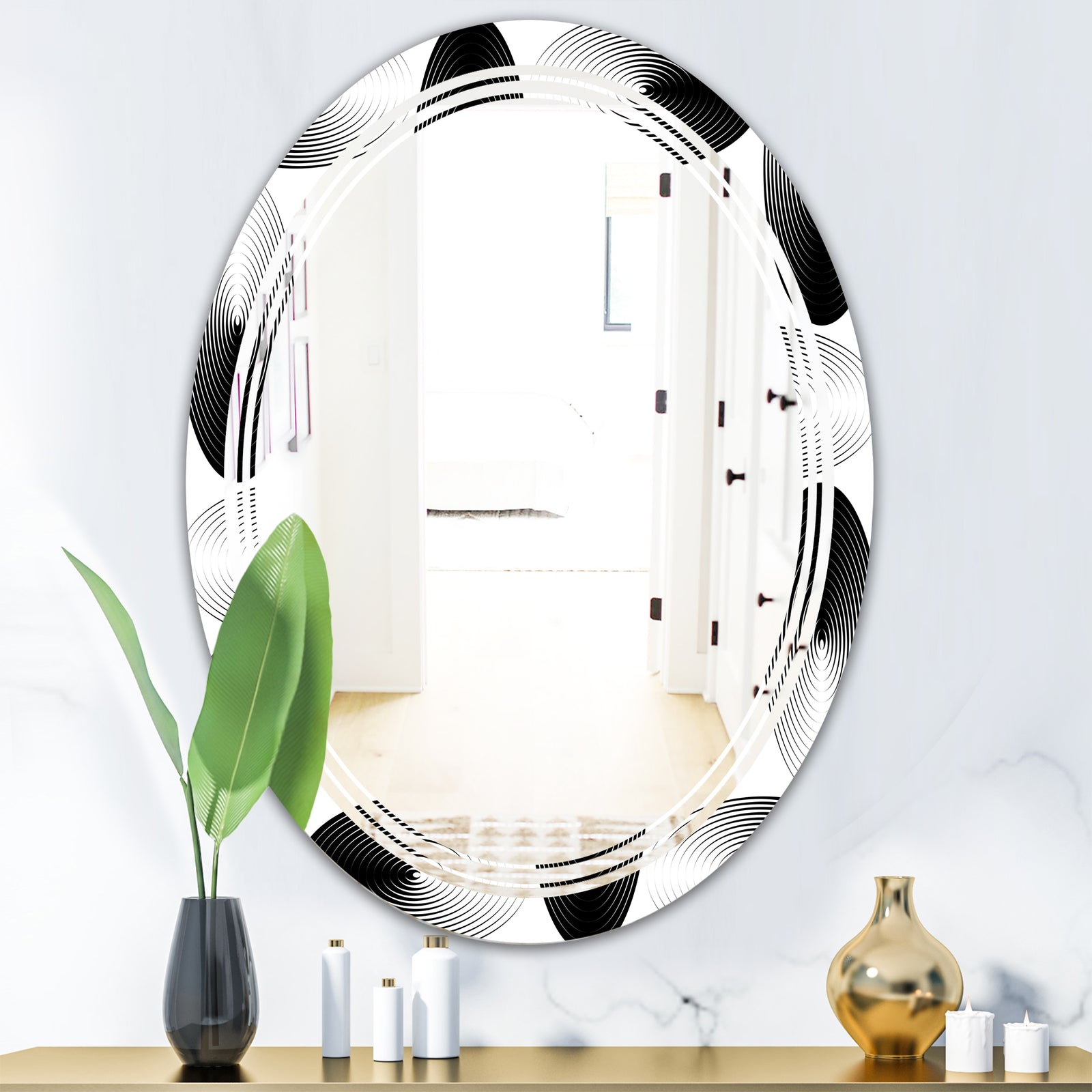Retro Geometrical Abstract Pattern IV - Modern Round or Oval Wall Mirror - Triple C