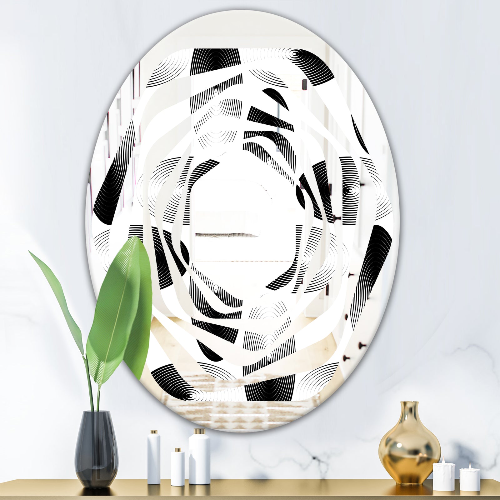Retro Geometrical Abstract Pattern IV - Modern Round or Oval Wall Mirror - Whirl