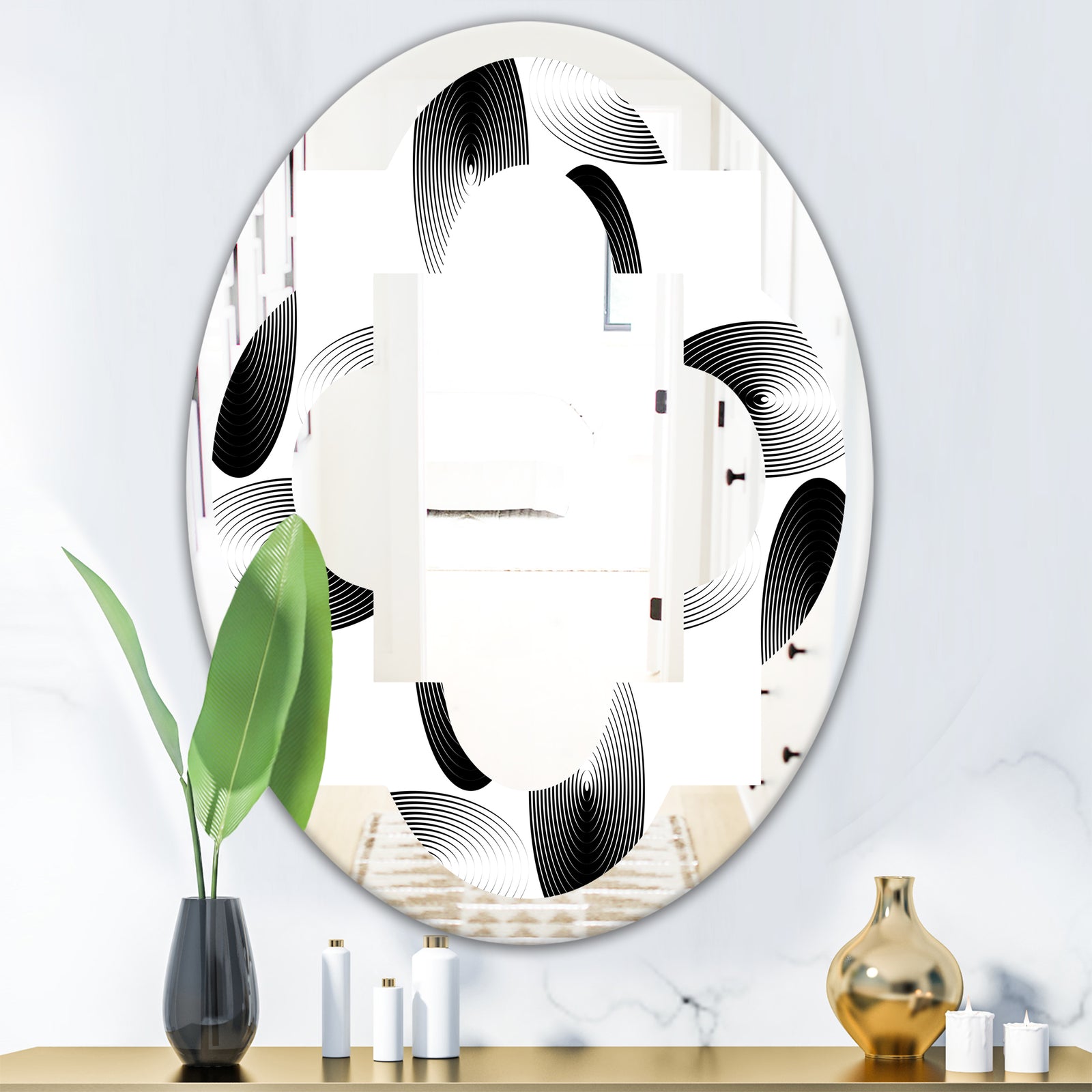 Retro Geometrical Abstract Pattern IV - Modern Round or Oval Wall Mirror - Quatrefoil