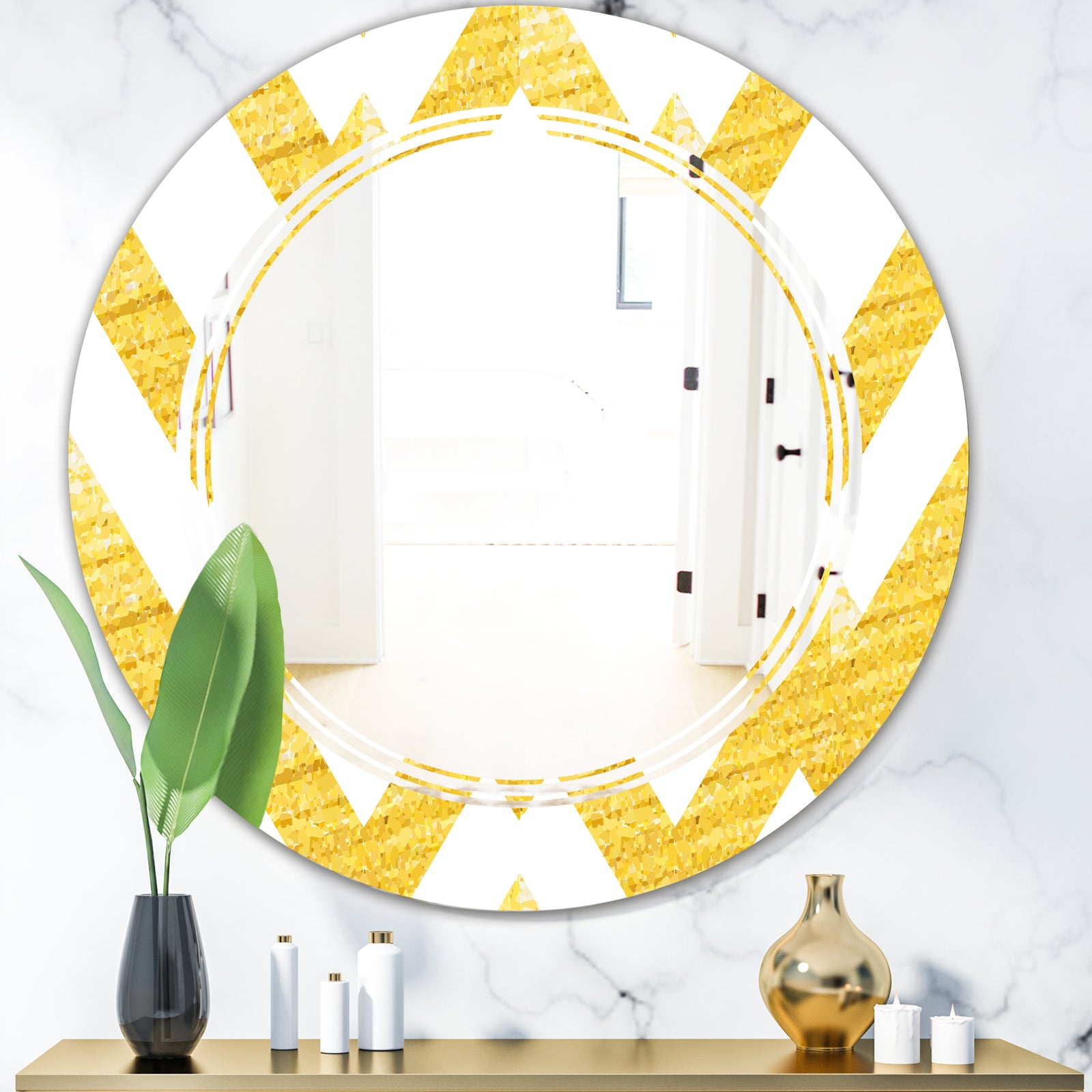 Gold glittering lines pattern - Modern Round or Oval Wall Mirror - Triple C