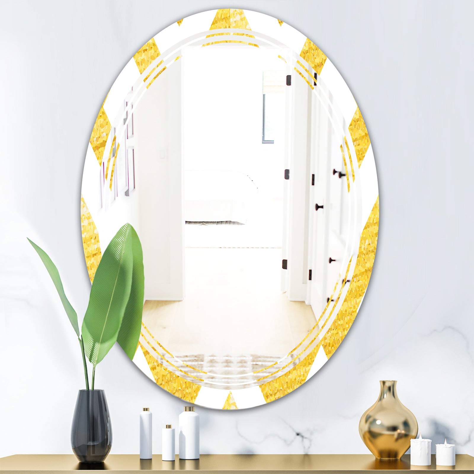 Gold glittering lines pattern - Modern Round or Oval Wall Mirror - Triple C