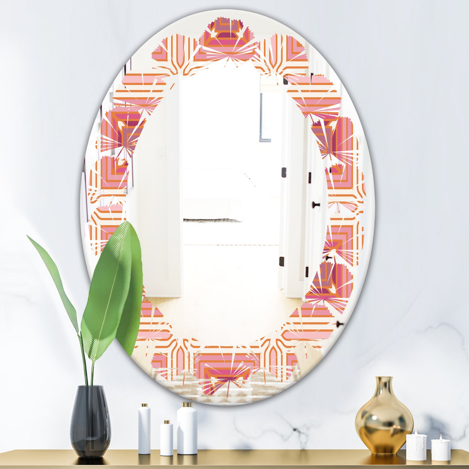 Geometric Retro Design II - Modern Round or Oval Wall Mirror - Leaves