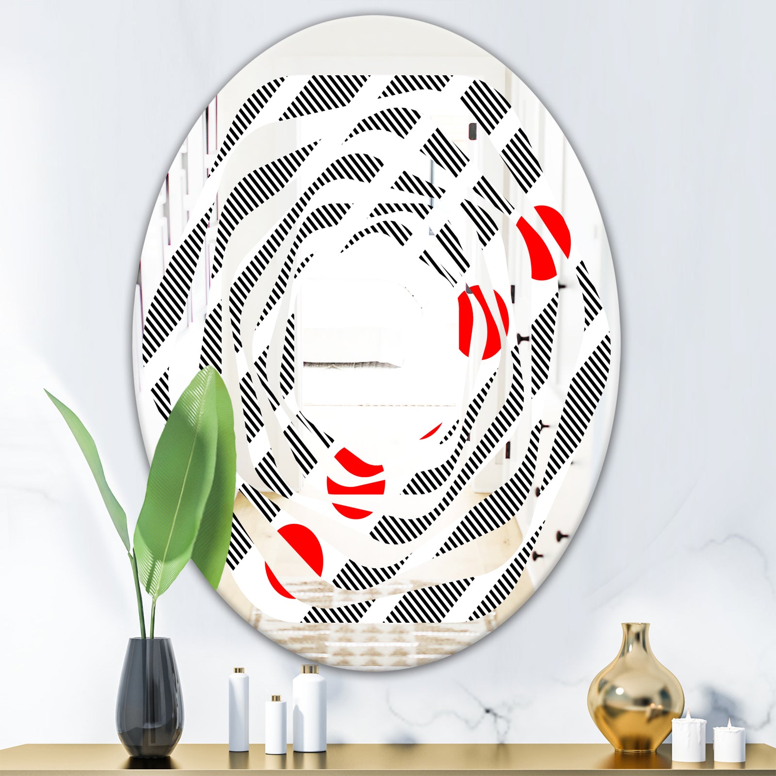 Retro Geometrical Abstract Minimal Pattern XI - Modern Round or Oval Wall Mirror - Whirl