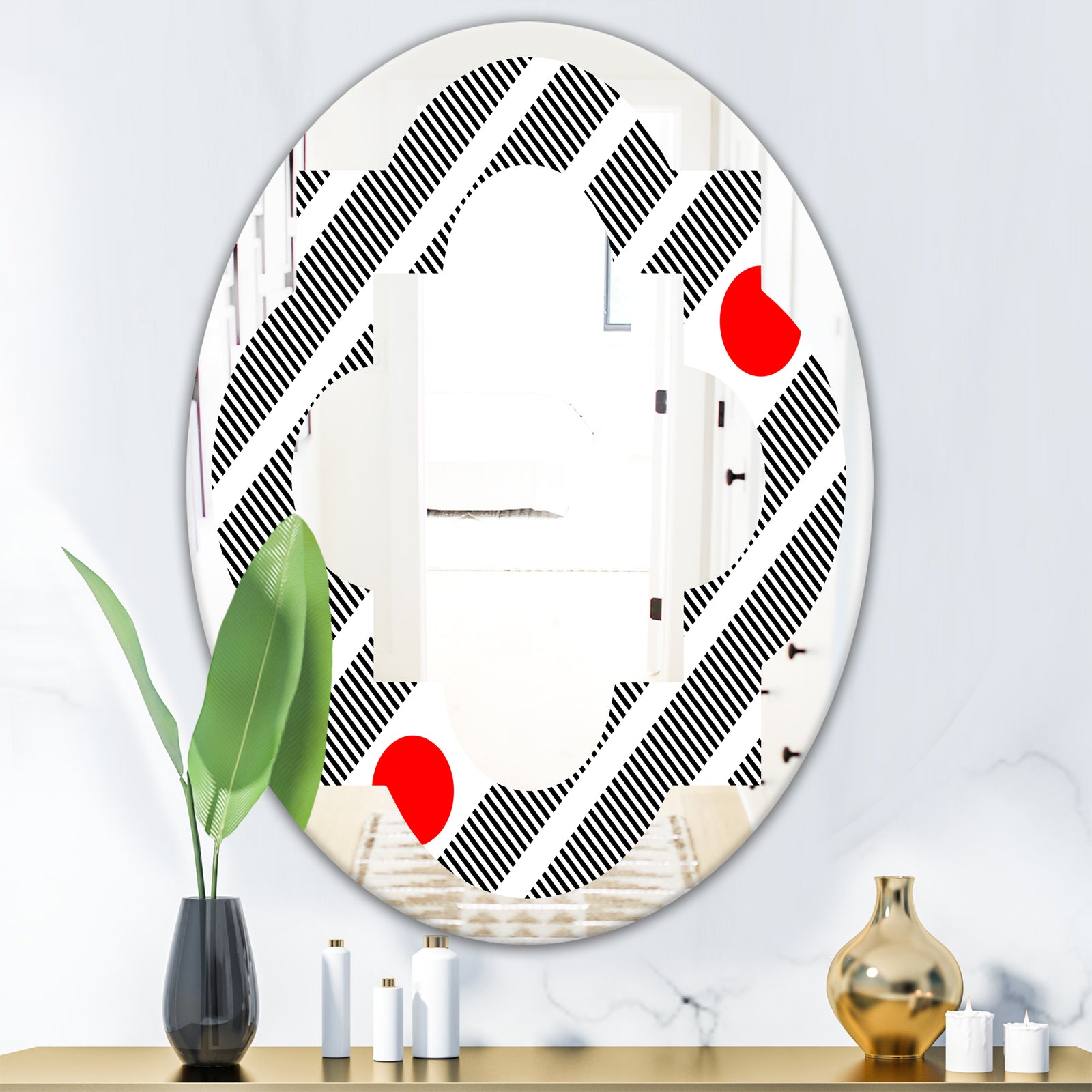 Retro Geometrical Abstract Minimal Pattern XI - Modern Round or Oval Wall Mirror - Quatrefoil