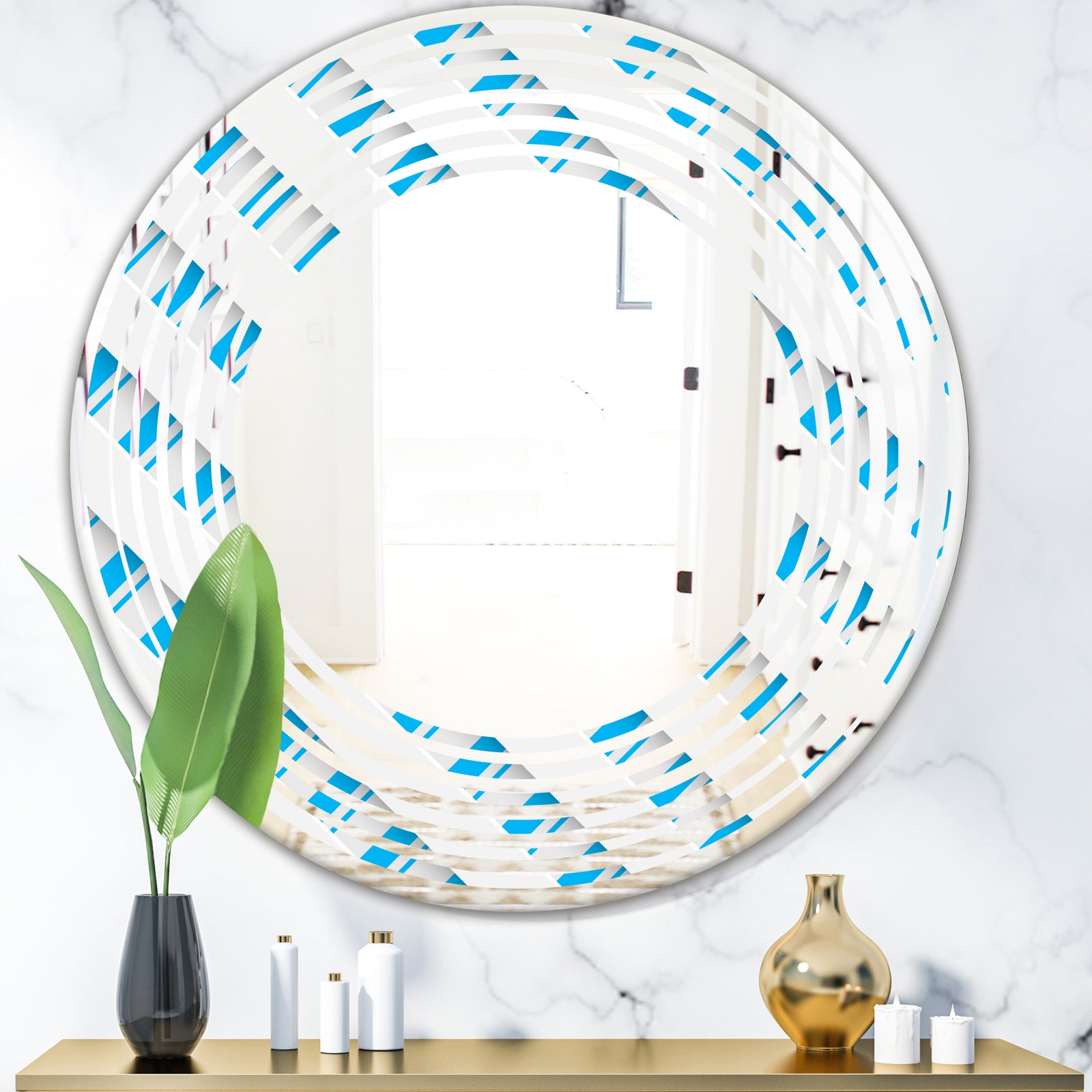 3D White and Blue Pattern VI - Modern Round or Oval Wall Mirror - Wave