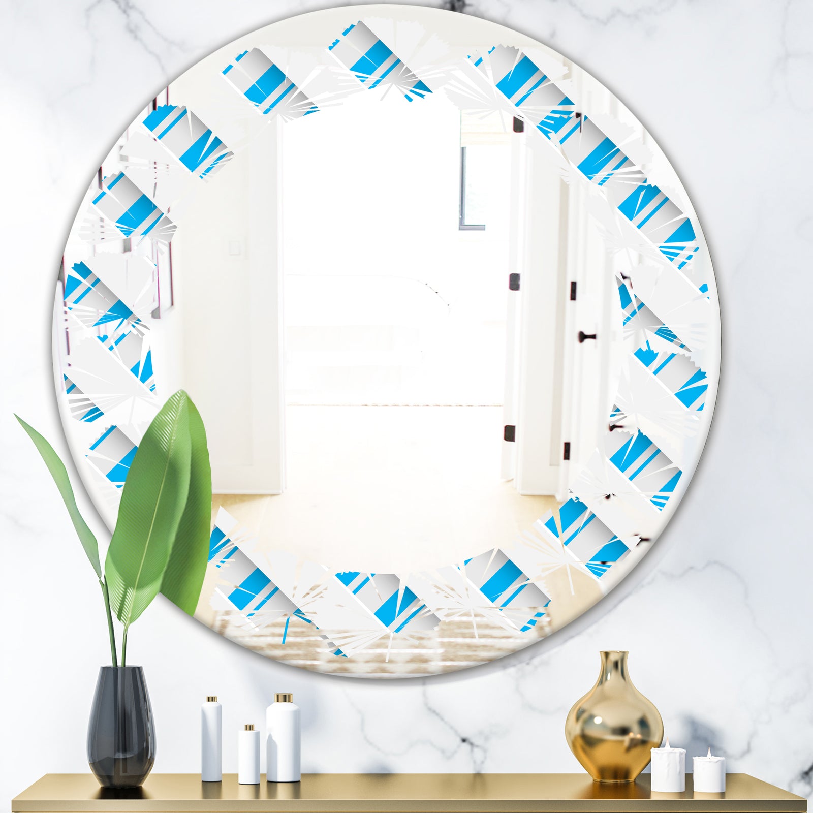 3D White and Blue Pattern VI - Modern Round or Oval Wall Mirror - Leaves