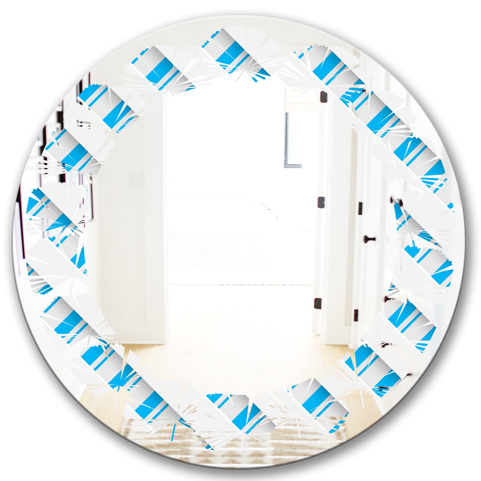 3D White and Blue Pattern VI - Modern Round or Oval Wall Mirror - Leaves