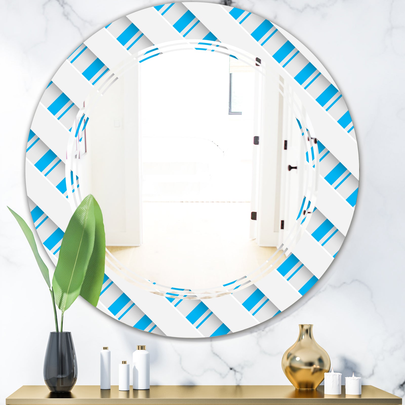 3D White and Blue Pattern VI - Modern Round or Oval Wall Mirror - Triple C