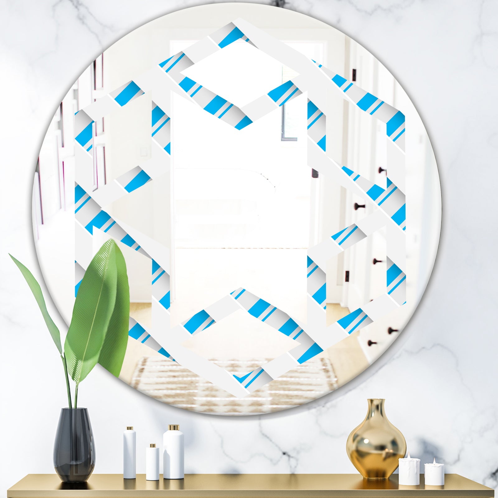 3D White and Blue Pattern VI - Modern Round or Oval Wall Mirror - Hexagon Star