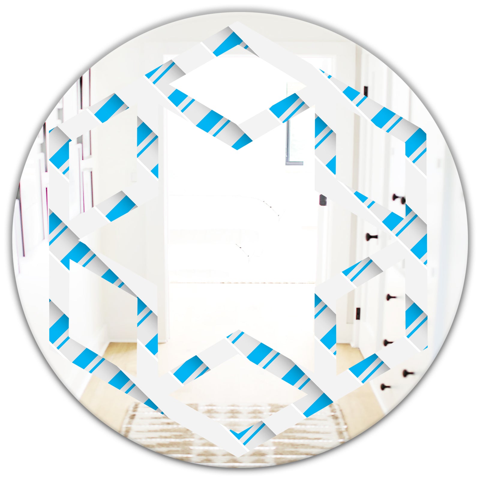 3D White and Blue Pattern VI - Modern Round or Oval Wall Mirror - Hexagon Star