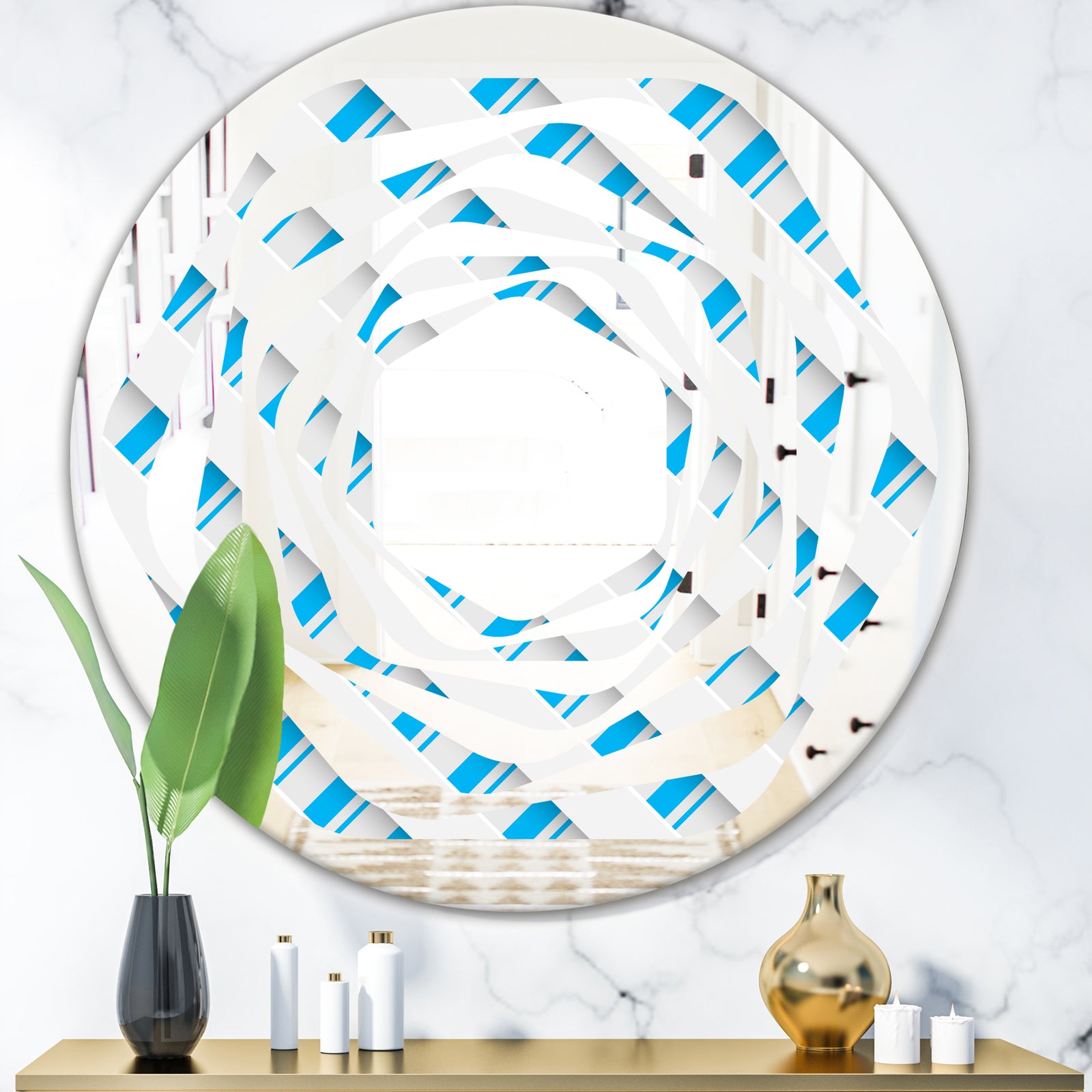 3D White and Blue Pattern VI - Modern Round or Oval Wall Mirror - Whirl