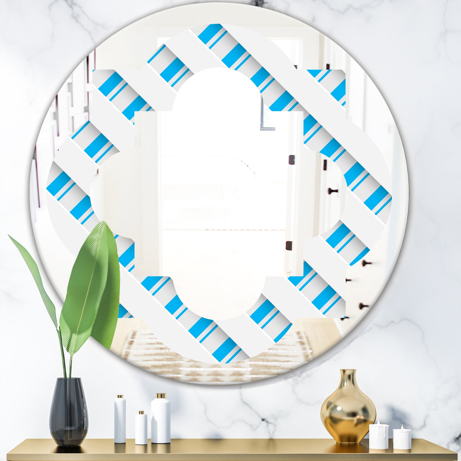 3D White and Blue Pattern VI - Modern Round or Oval Wall Mirror - Quatrefoil