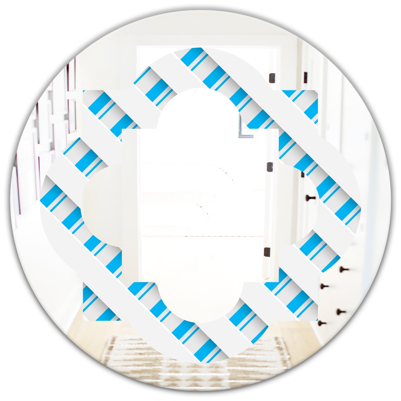 3D White and Blue Pattern VI - Modern Round or Oval Wall Mirror - Quatrefoil