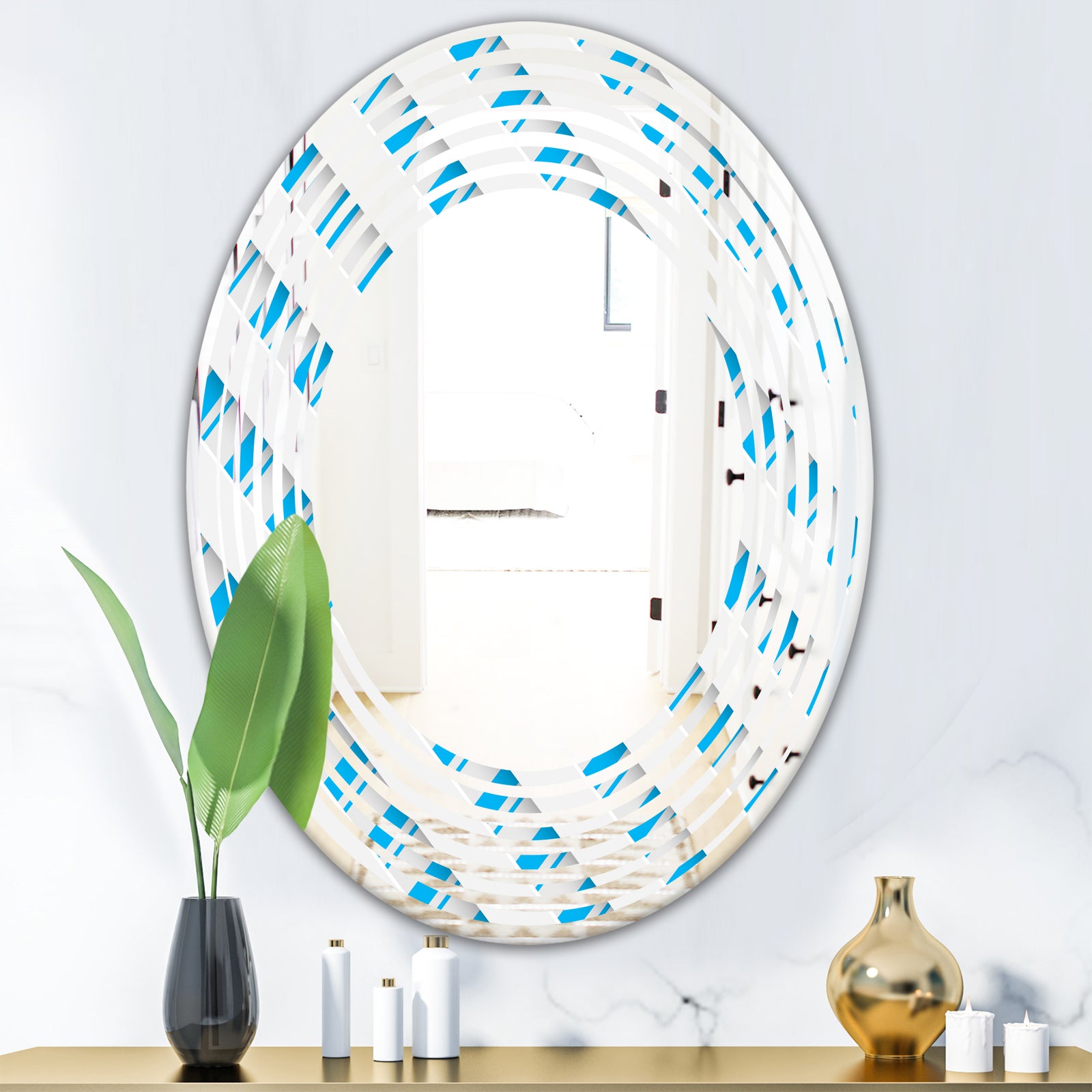 3D White and Blue Pattern VI - Modern Round or Oval Wall Mirror - Wave