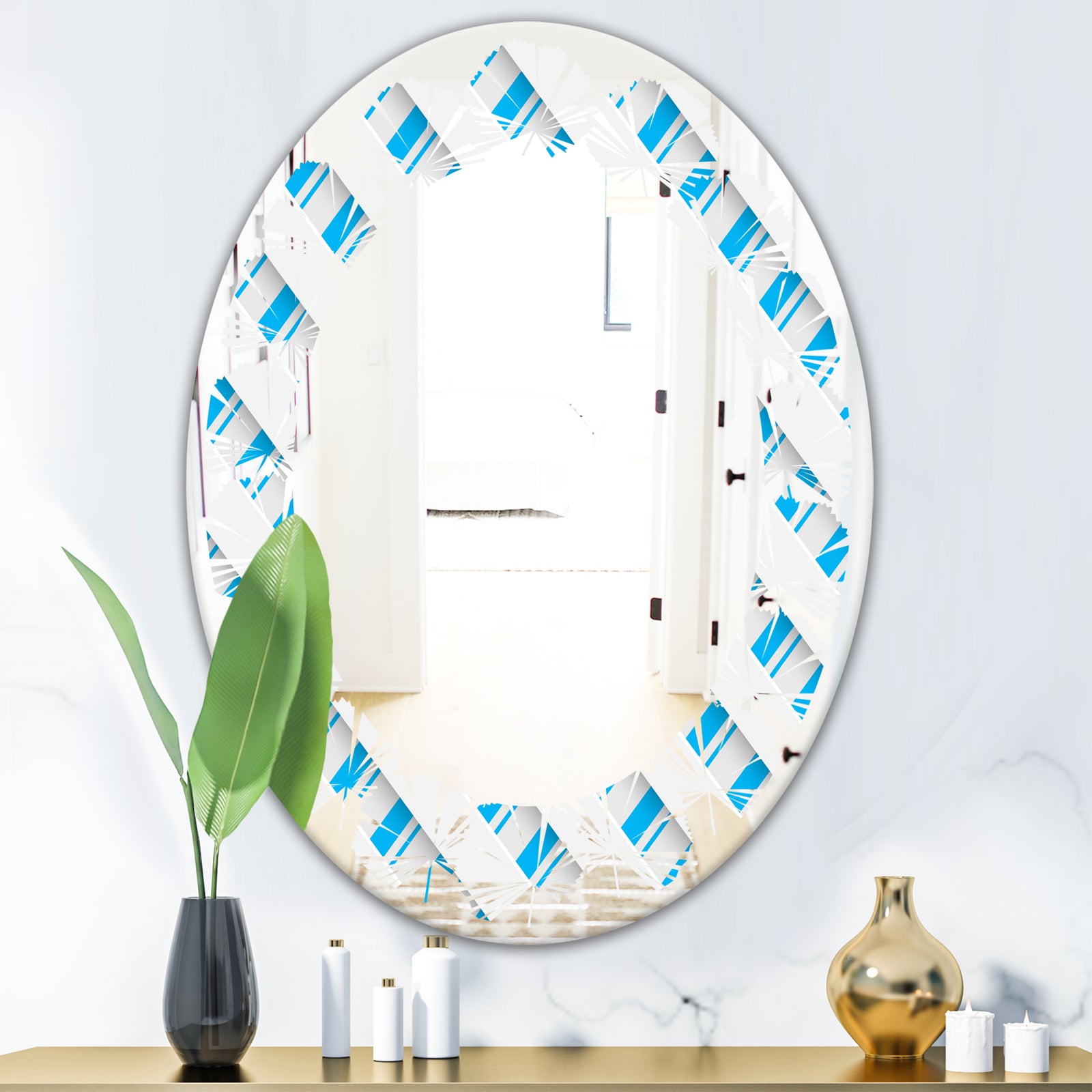 3D White and Blue Pattern VI - Modern Round or Oval Wall Mirror - Leaves