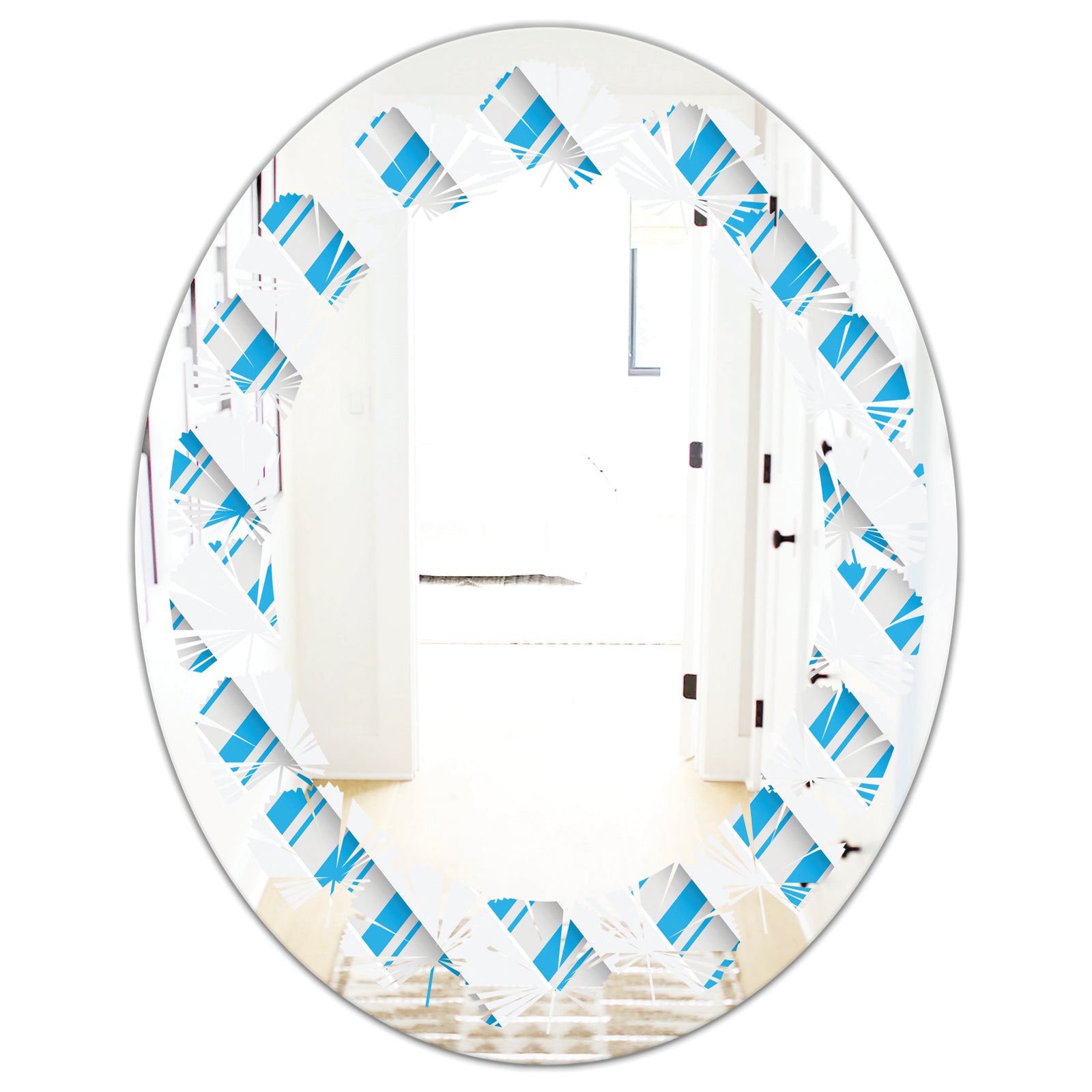 3D White and Blue Pattern VI - Modern Round or Oval Wall Mirror - Leaves