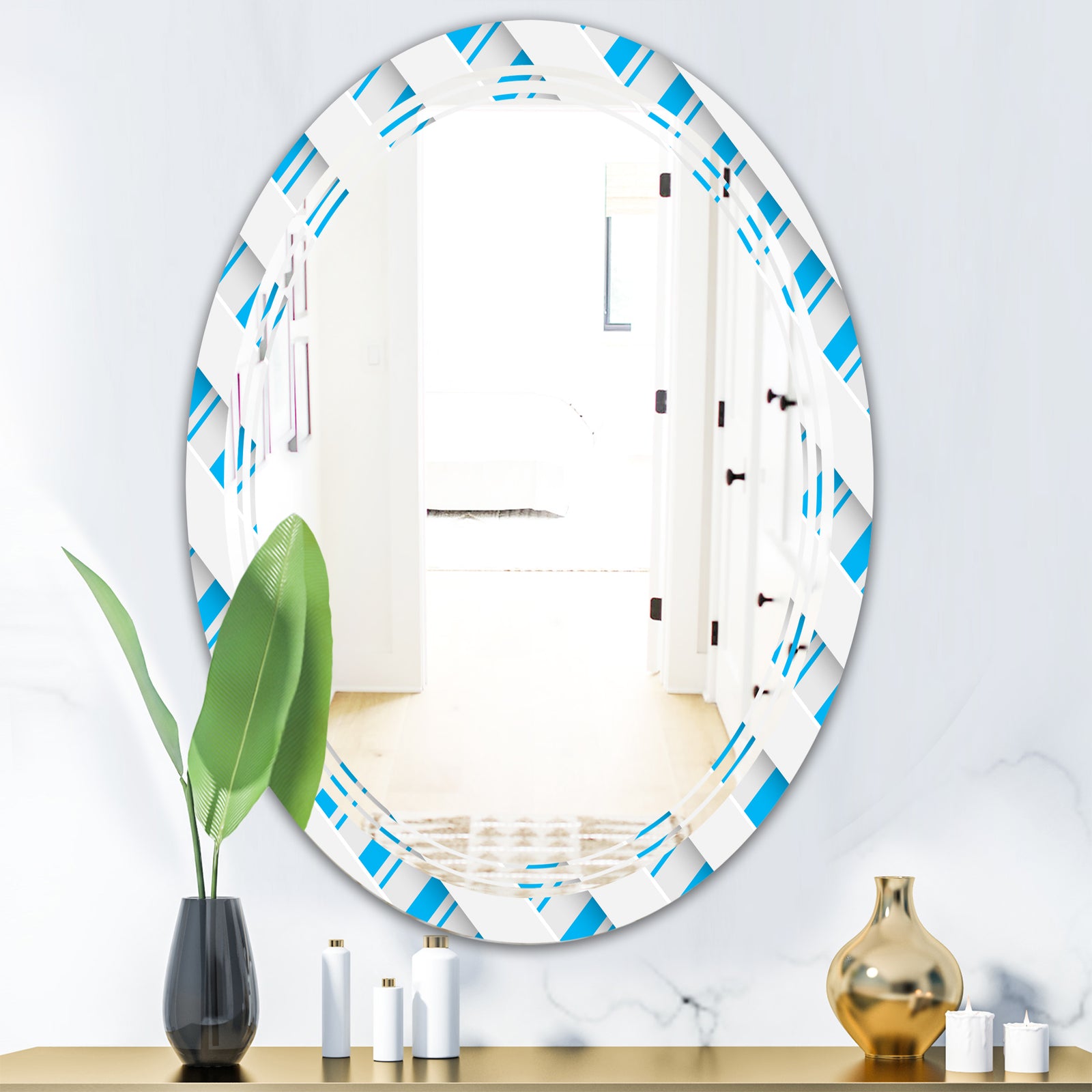 3D White and Blue Pattern VI - Modern Round or Oval Wall Mirror - Triple C