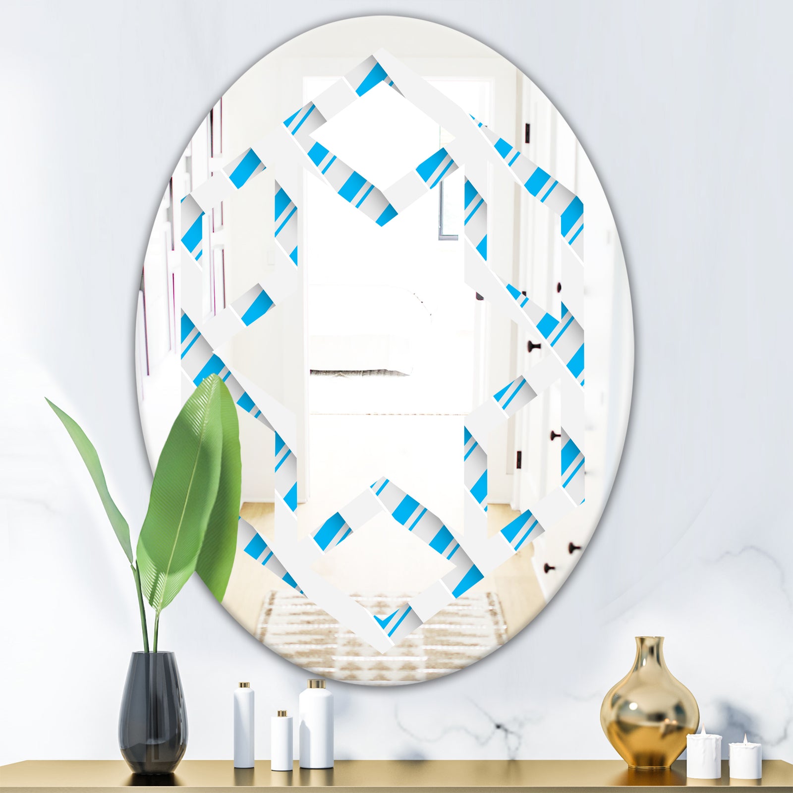 3D White and Blue Pattern VI - Modern Round or Oval Wall Mirror - Hexagon Star